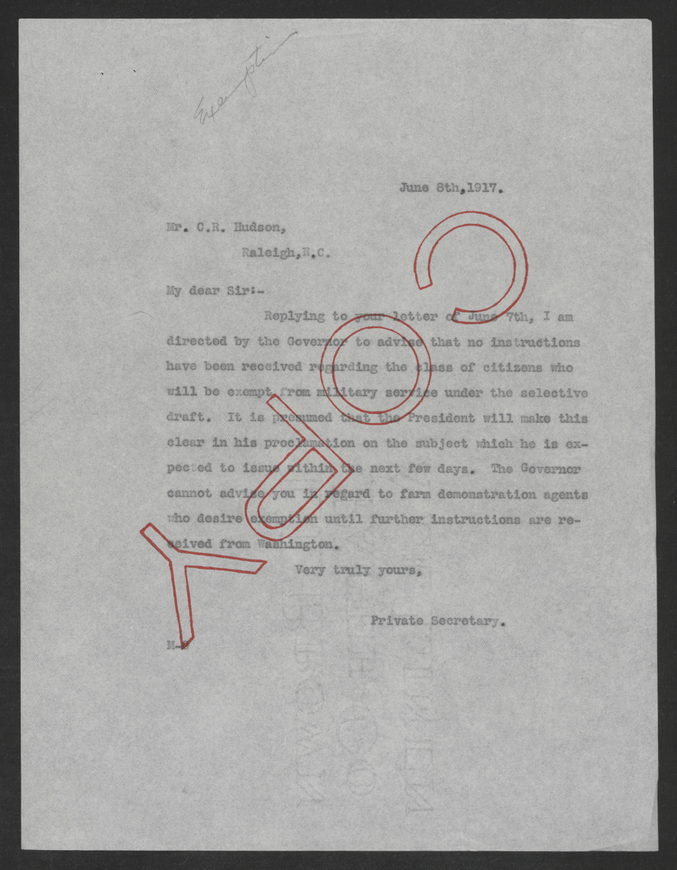 Letter from Sanford Martin to Cassius R. Hudson, June 8, 1917