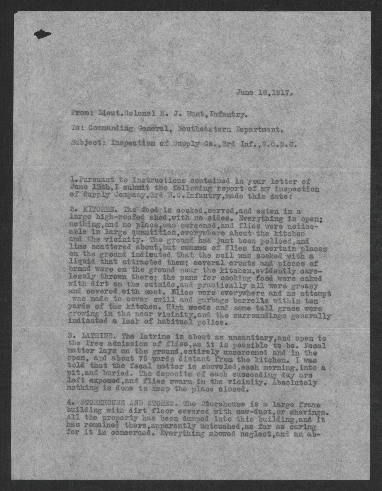 Report on the Inspection of Supply Company, 3rd North Carolina National Guard by Henry J. Hunt, June 18, 1917, page 1