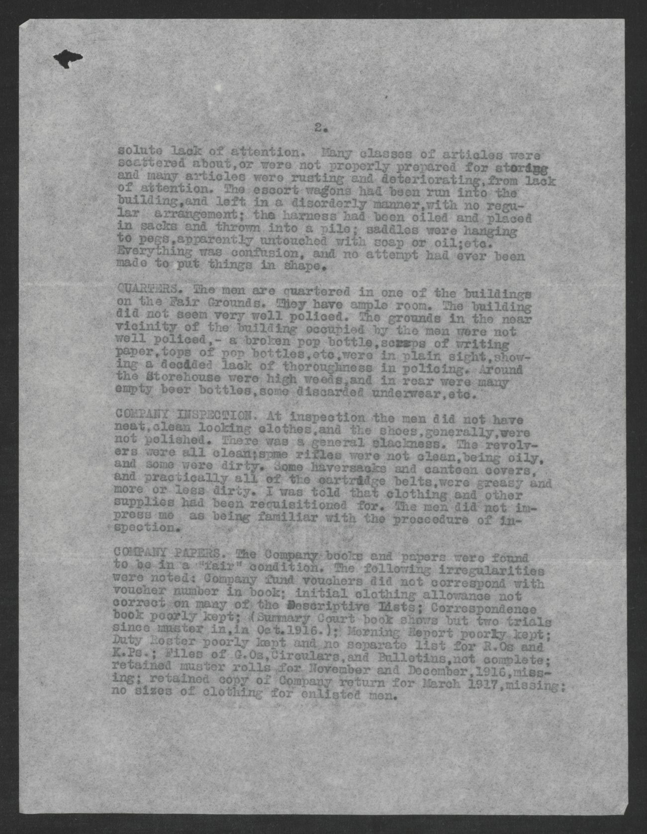 Report on the Inspection of Supply Company, 3rd North Carolina National Guard by Henry J. Hunt, June 18, 1917, page 2