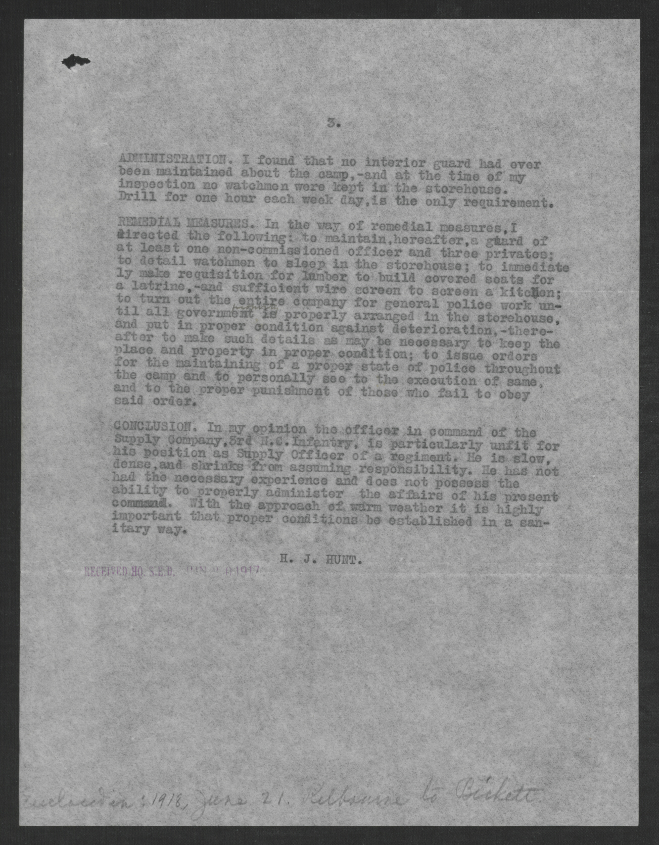 Report on the Inspection of Supply Company, 3rd North Carolina National Guard by Henry J. Hunt, June 18, 1917, page 3