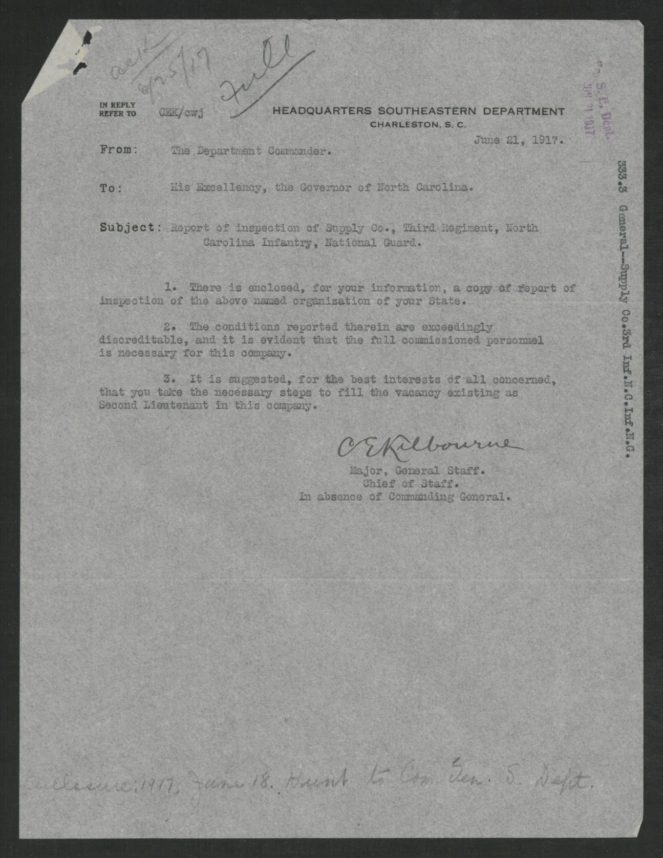 Letter from Charles E. Kilbourne to Thomas W. Bickett, June 21, 1917
