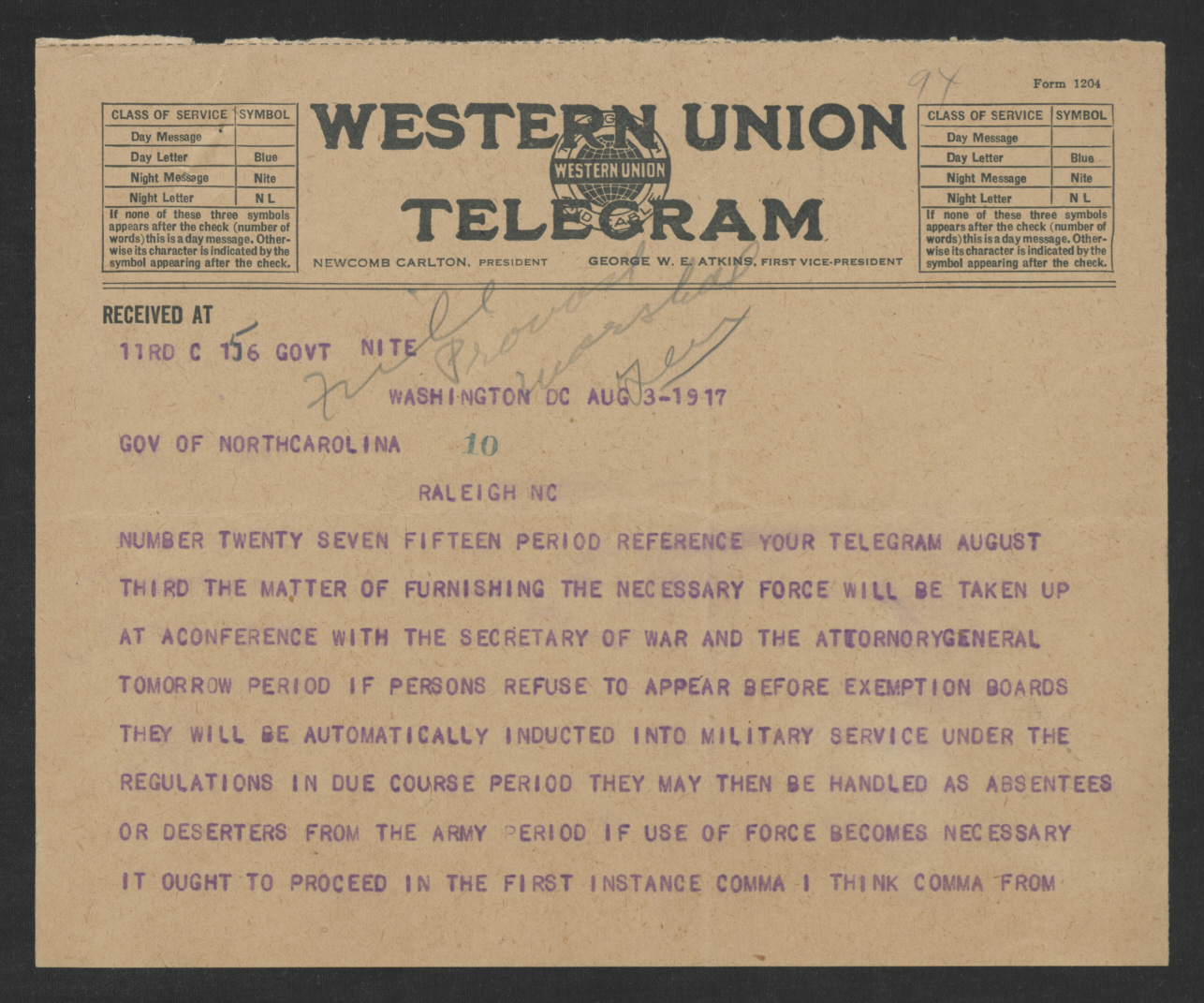 Telegram from Enoch H. Crowder to Thomas W. Bickett, August 3, 1917, page 1