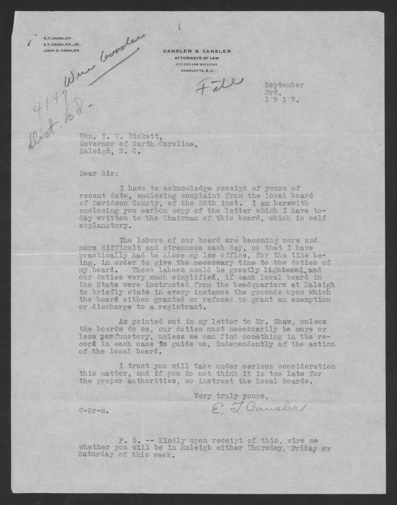 Letter from Edwin T. Cansler to Thomas W. Bickett, September 3, 1917