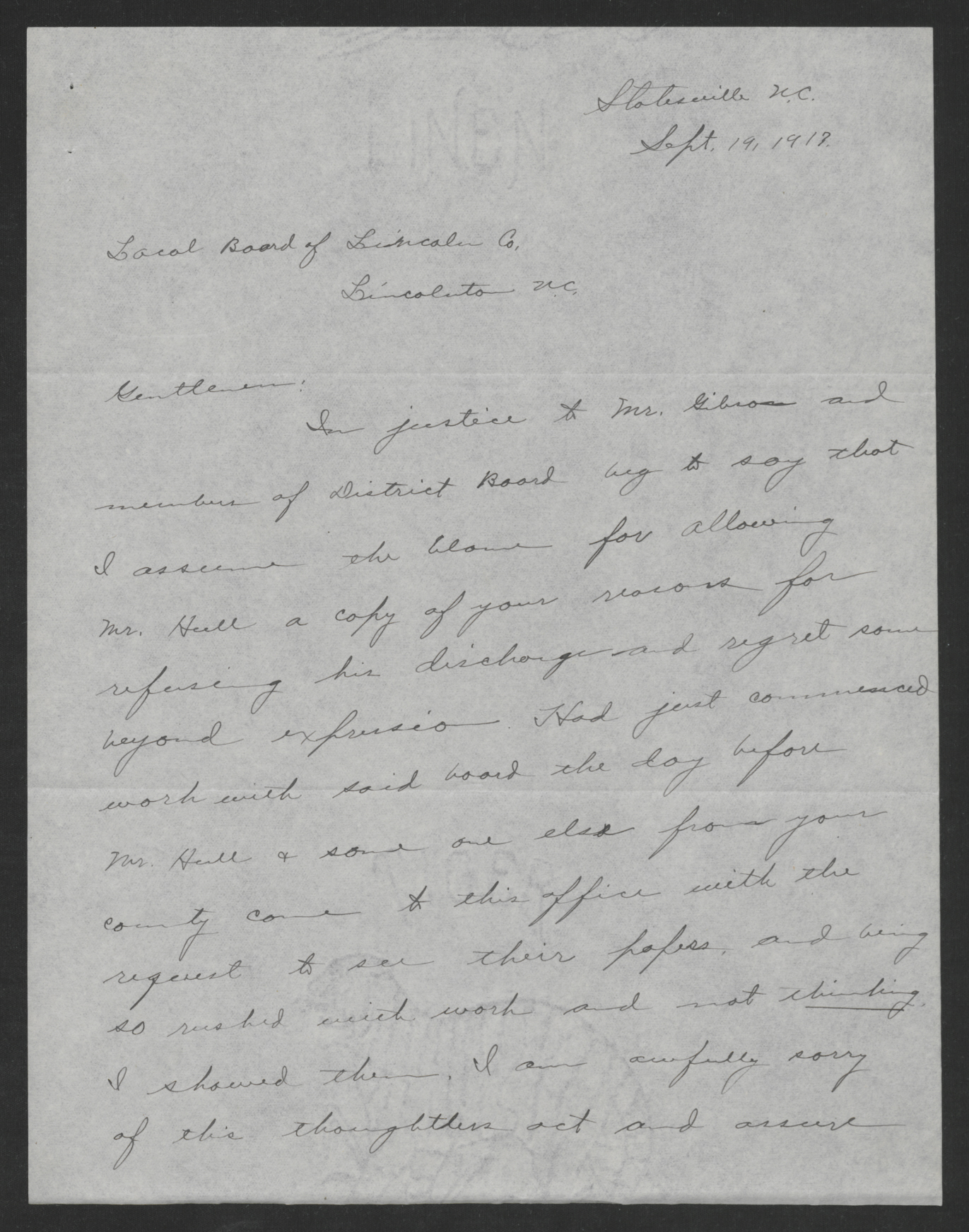 Letter from J. W. Watts to the Lincoln County Exemption Board, September 19, 1917, page 1