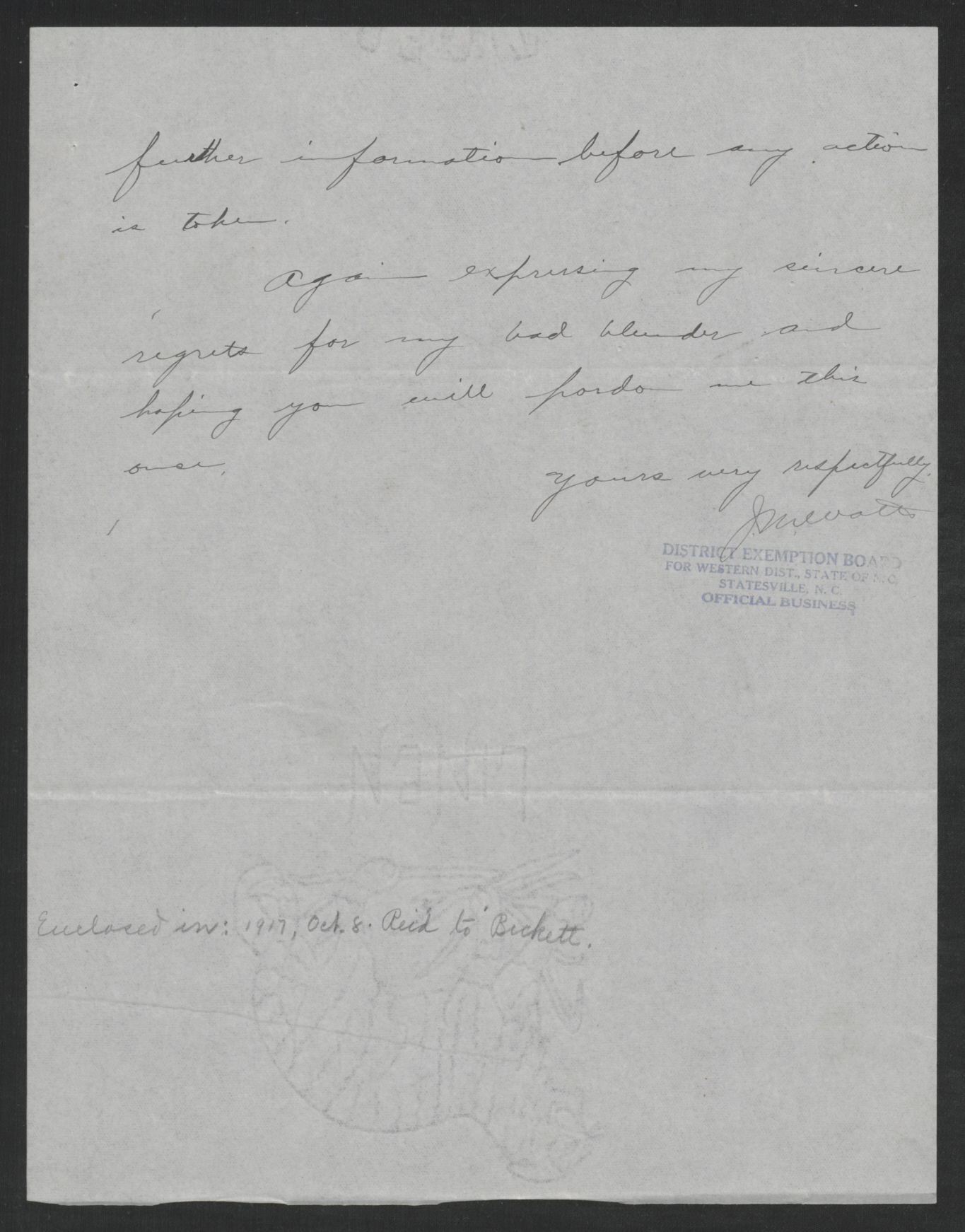 Letter from J. W. Watts to the Lincoln County Exemption Board, September 19, 1917, page 3