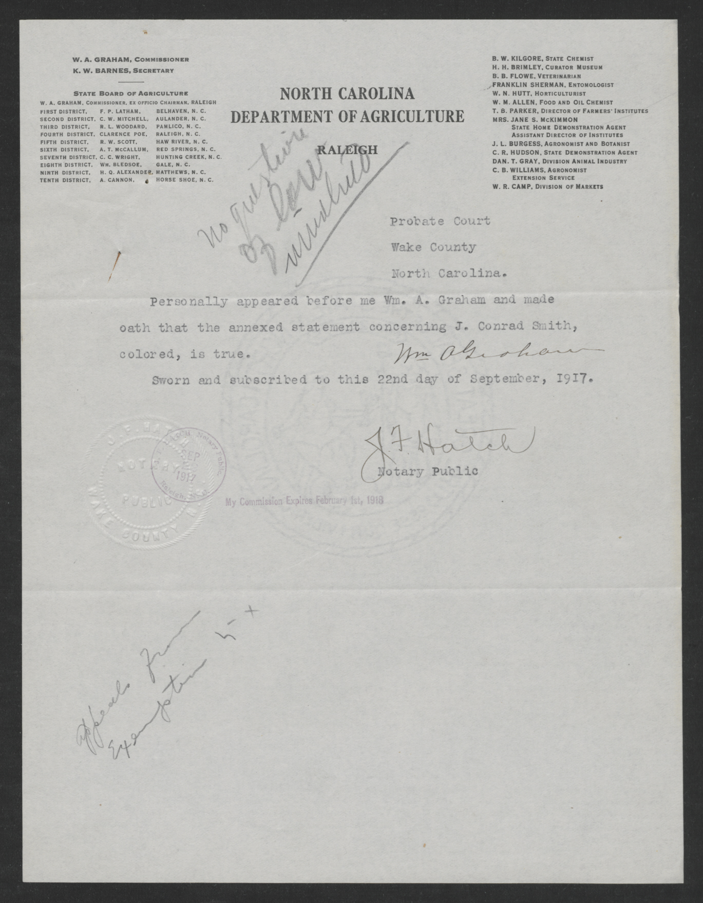 Notarized Statement of William A. Graham in Support of James C. Smith, September 22, 1917