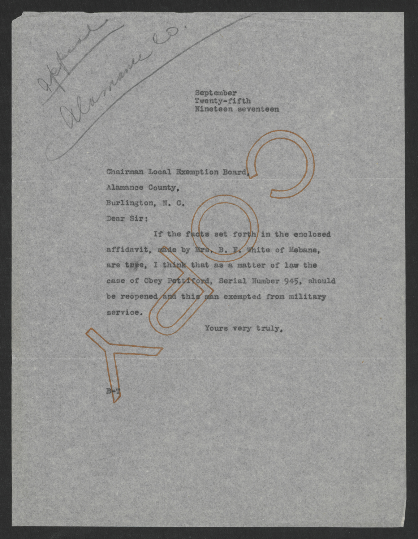 Letter from Thomas W. Bickett to the Chairman of the Alamance County Exemption Board, September 25, 1917