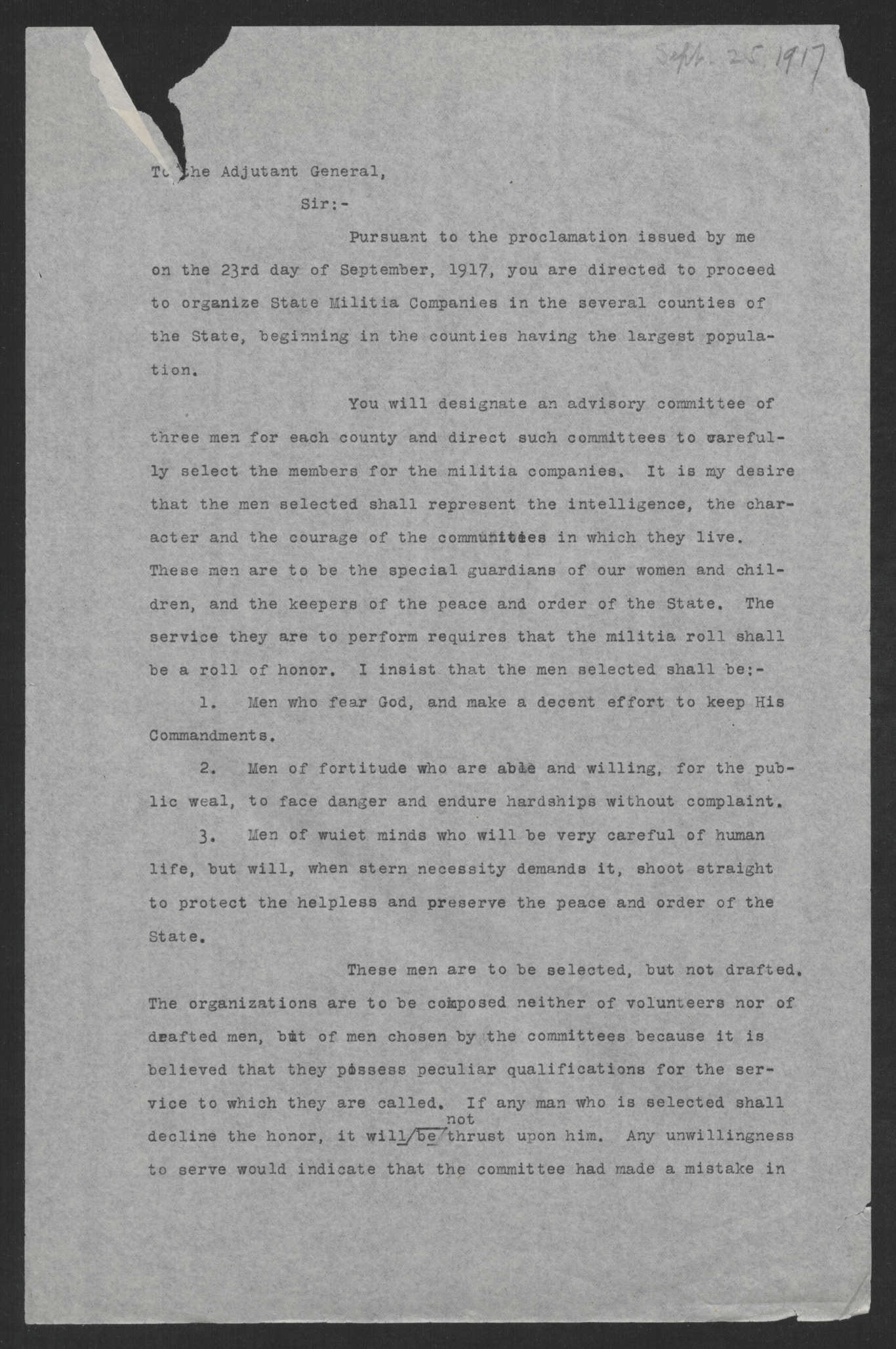 Letter from Thomas W. Bickett to the Adjutant General, September 25, 1917, page 1