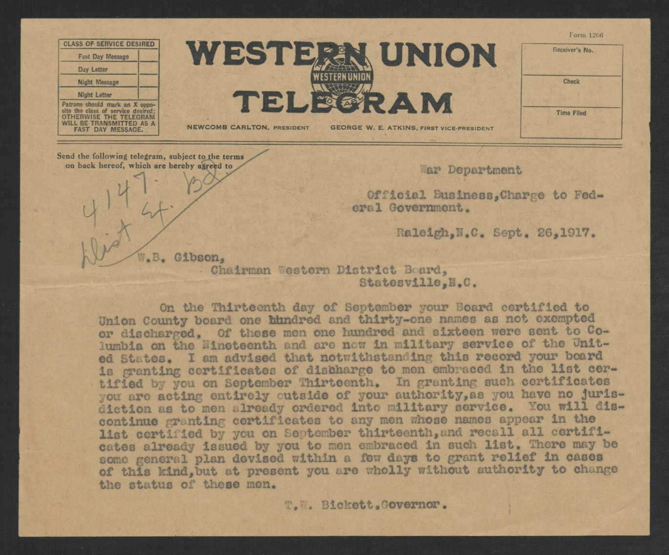 Telegram from Thomas W. Bickett to William B. Gibson, September 26, 1917