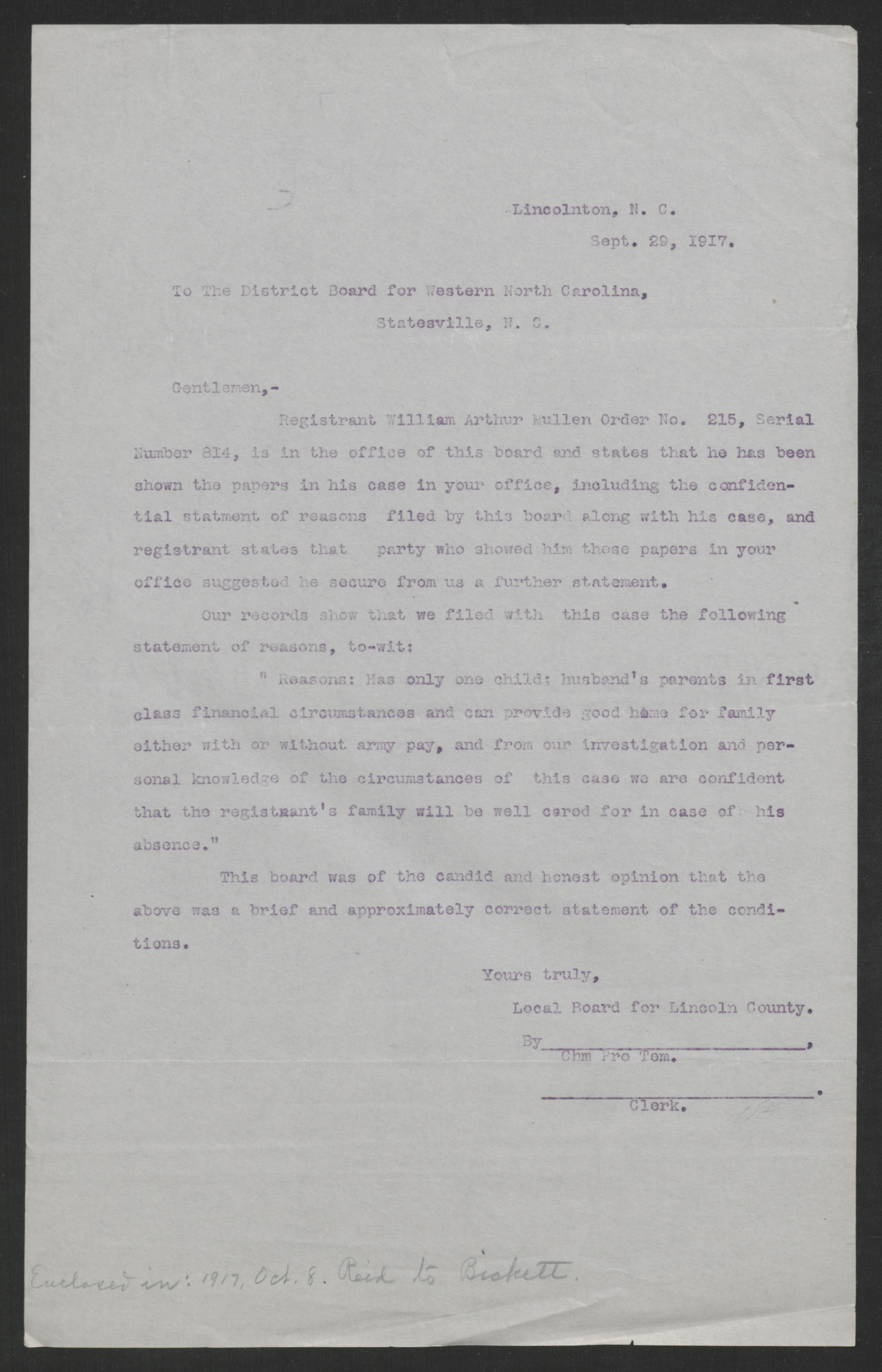 Letter from Lincoln County Exemption Board to District Board for Western North Carolina, September 29, 1917