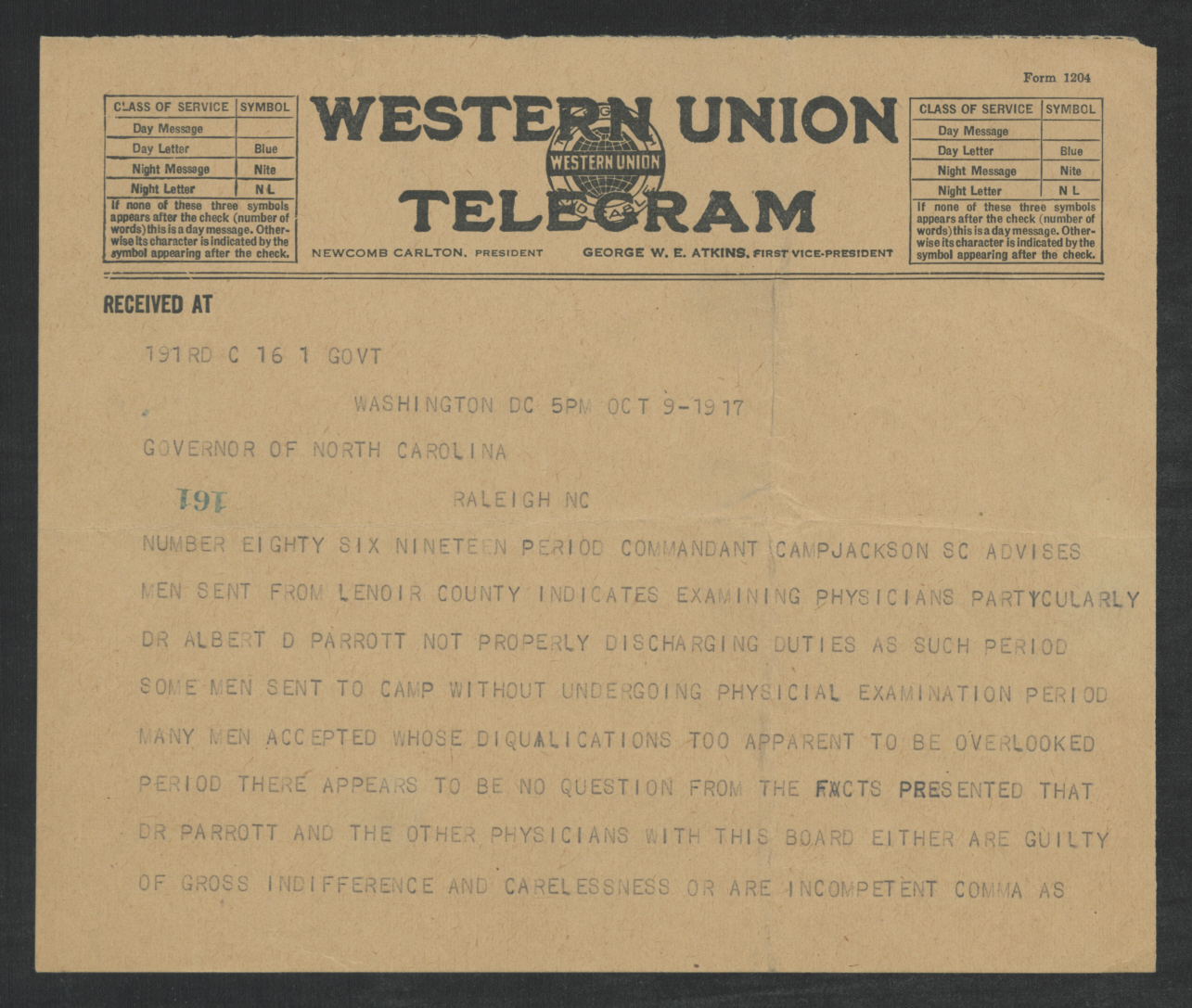 Telegram from Enoch H. Crowder to Thomas W. Bickett, October 9, 1917, page 1