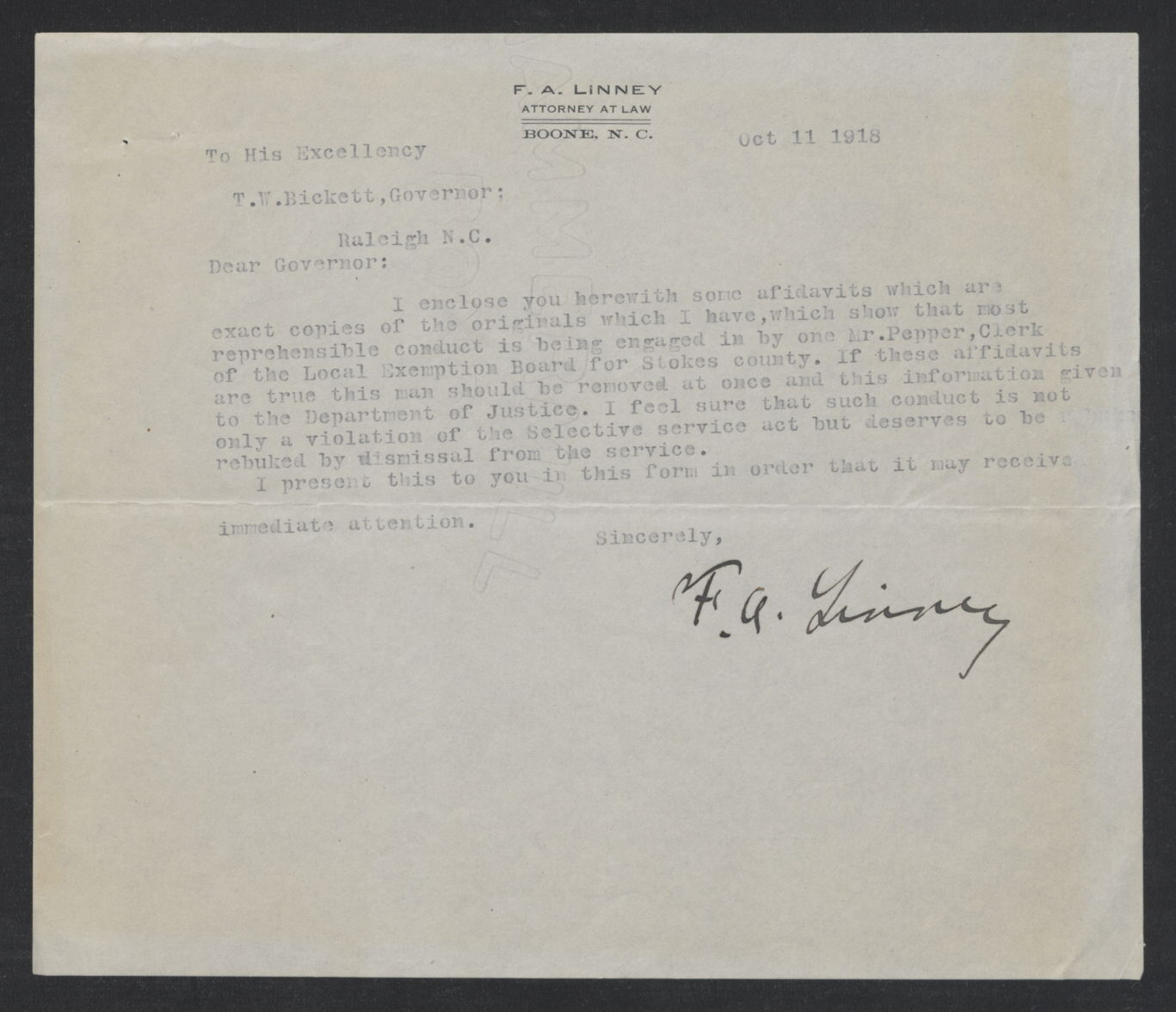 Letter from Frank A. Linney to Thomas W. Bickett, October 11, 1918