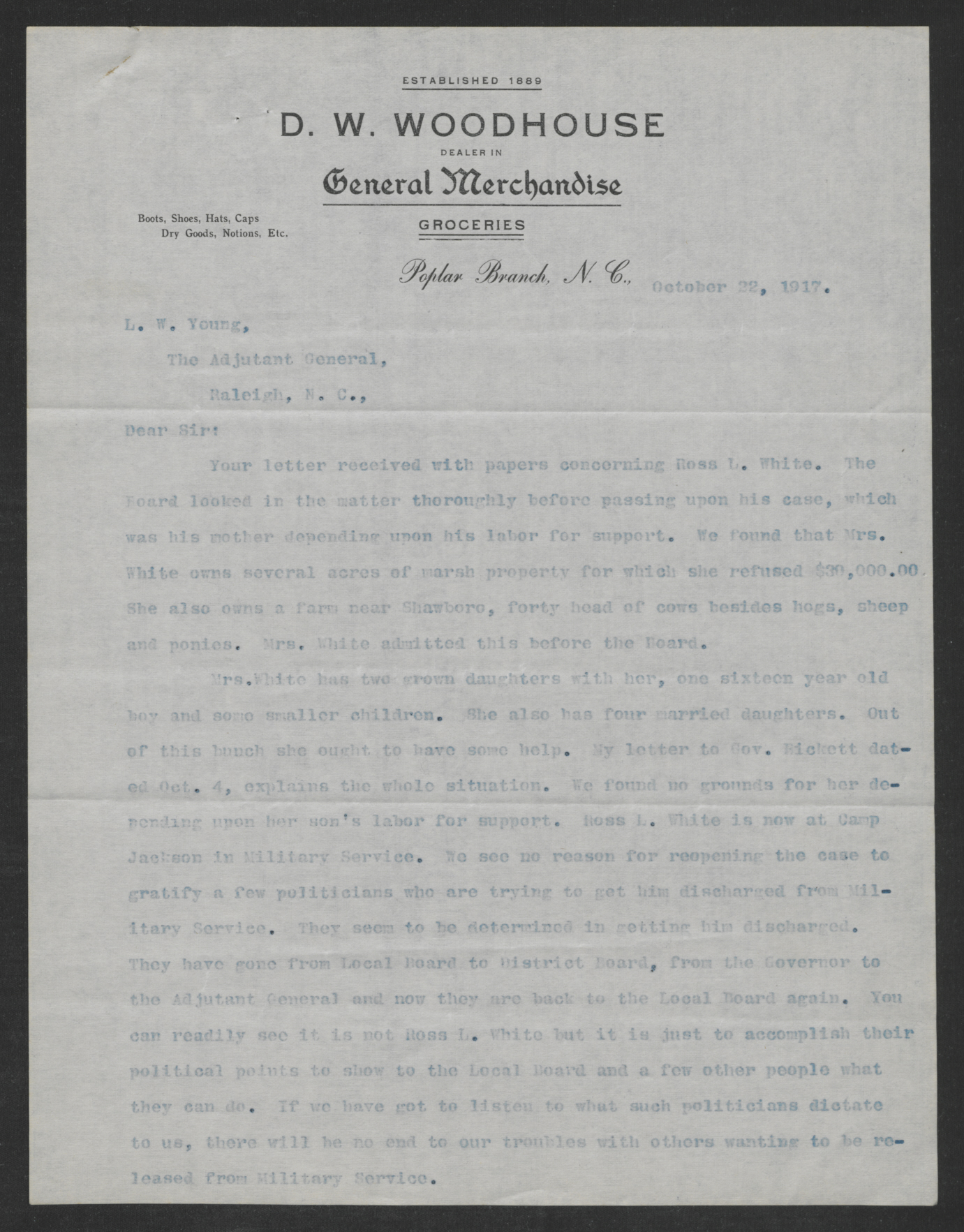 Letter from Daniel W. Woodhouse to Laurence W. Young, October 22, 1917, page 1