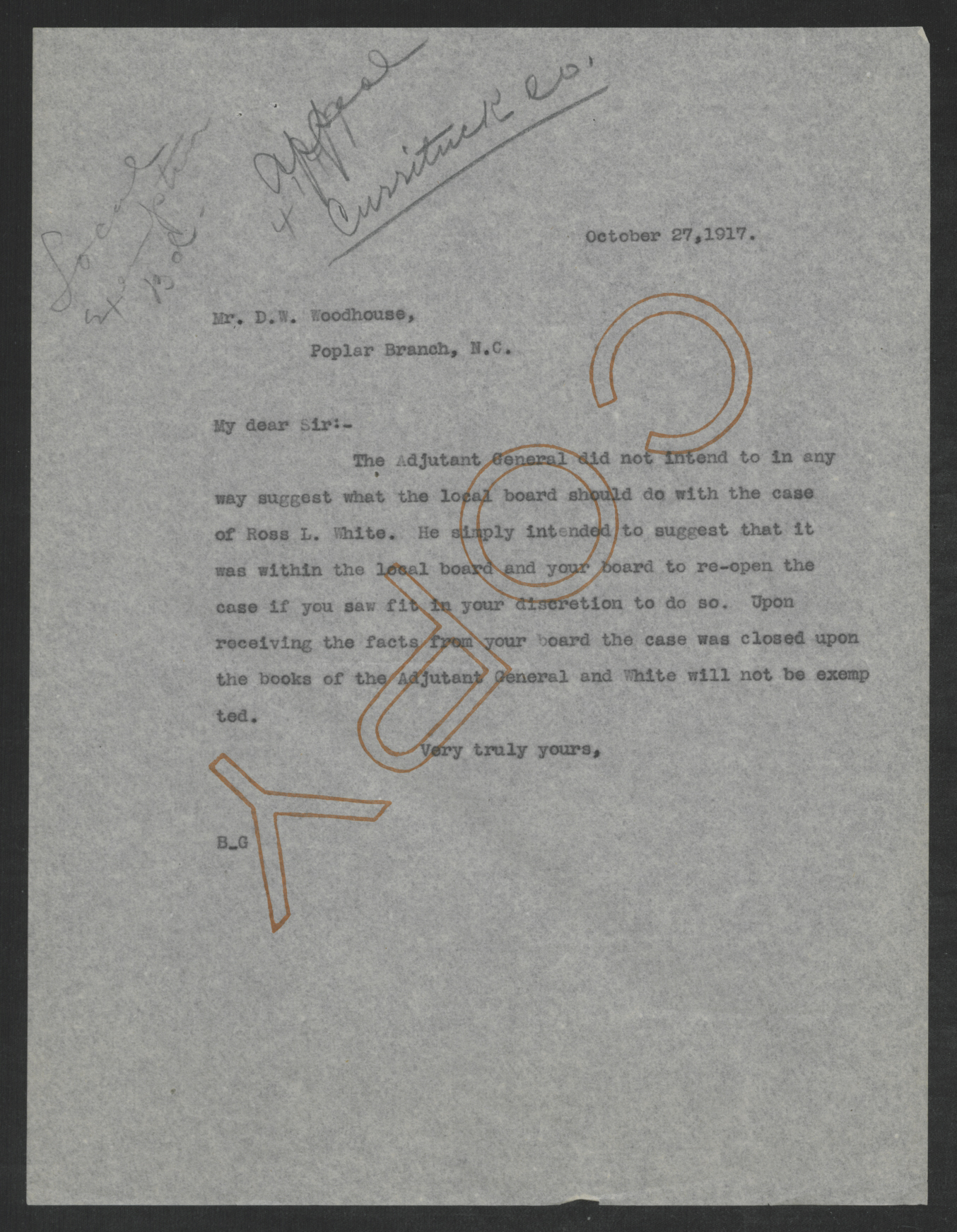 Letter from Thomas W. Bickett to Daniel W. Woodhouse, October 27, 1917