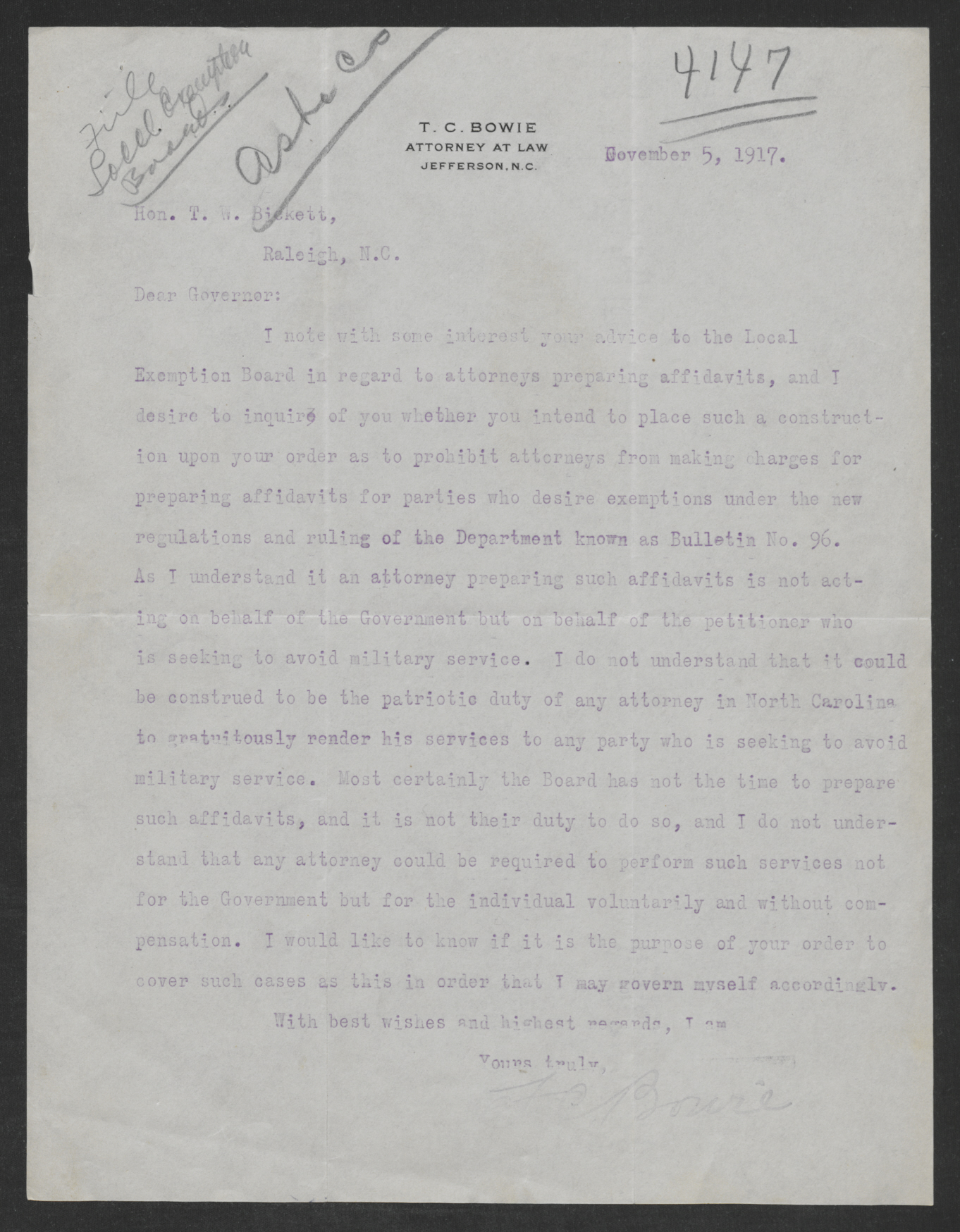 Letter from Thomas C. Bowie to Thomas W. Bickett, November 5, 1917