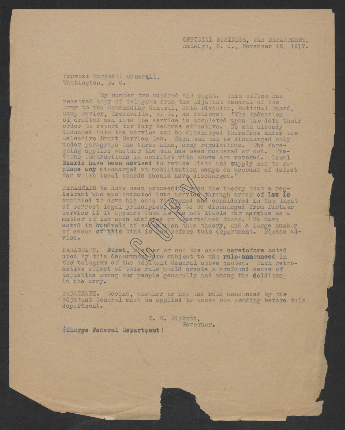 Telegram from Thomas W. Bickett to Enoch H. Crowder, November 12, 1917