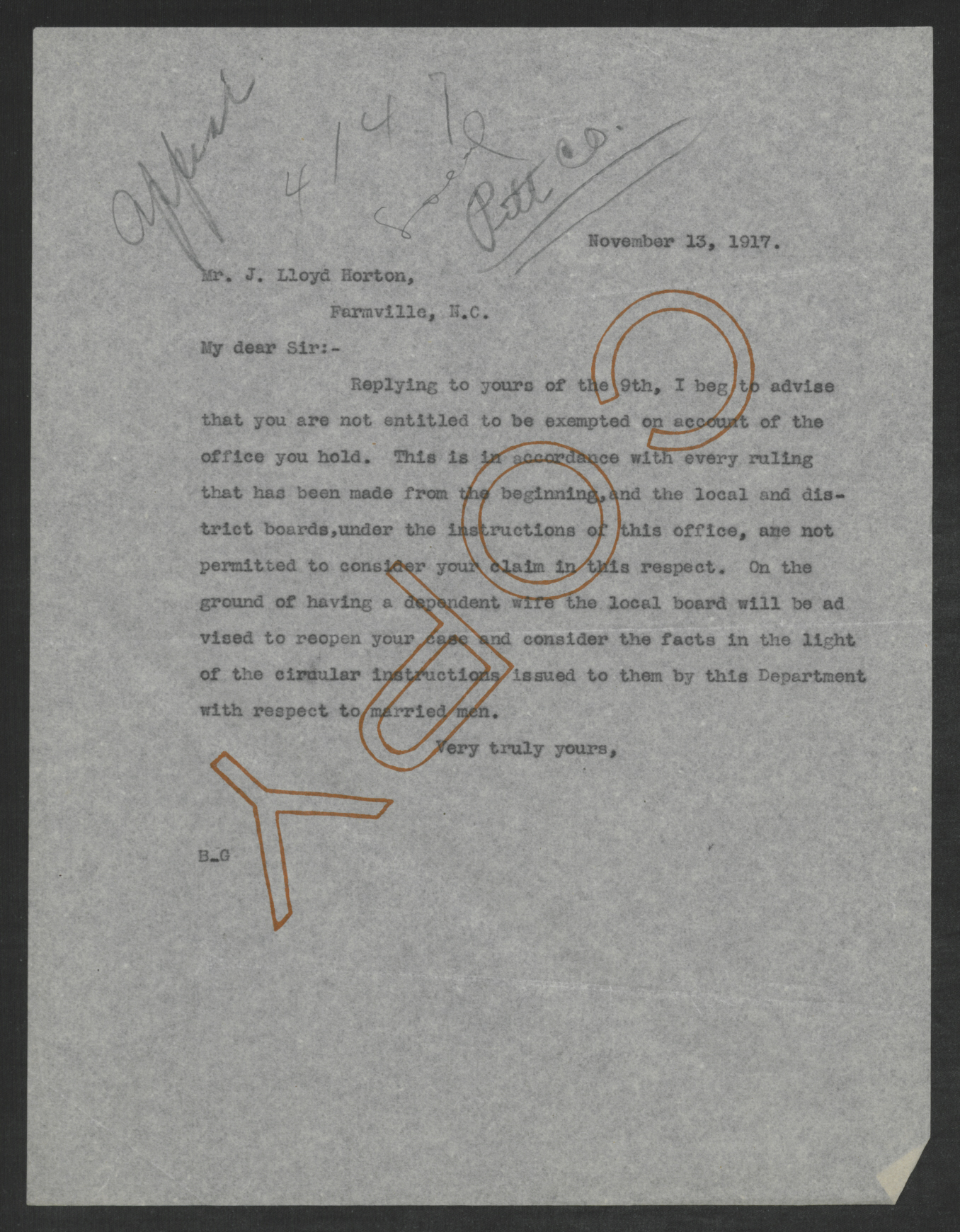 Letter from Thomas W. Bickett to Joseph L. Horton, November 13, 1917