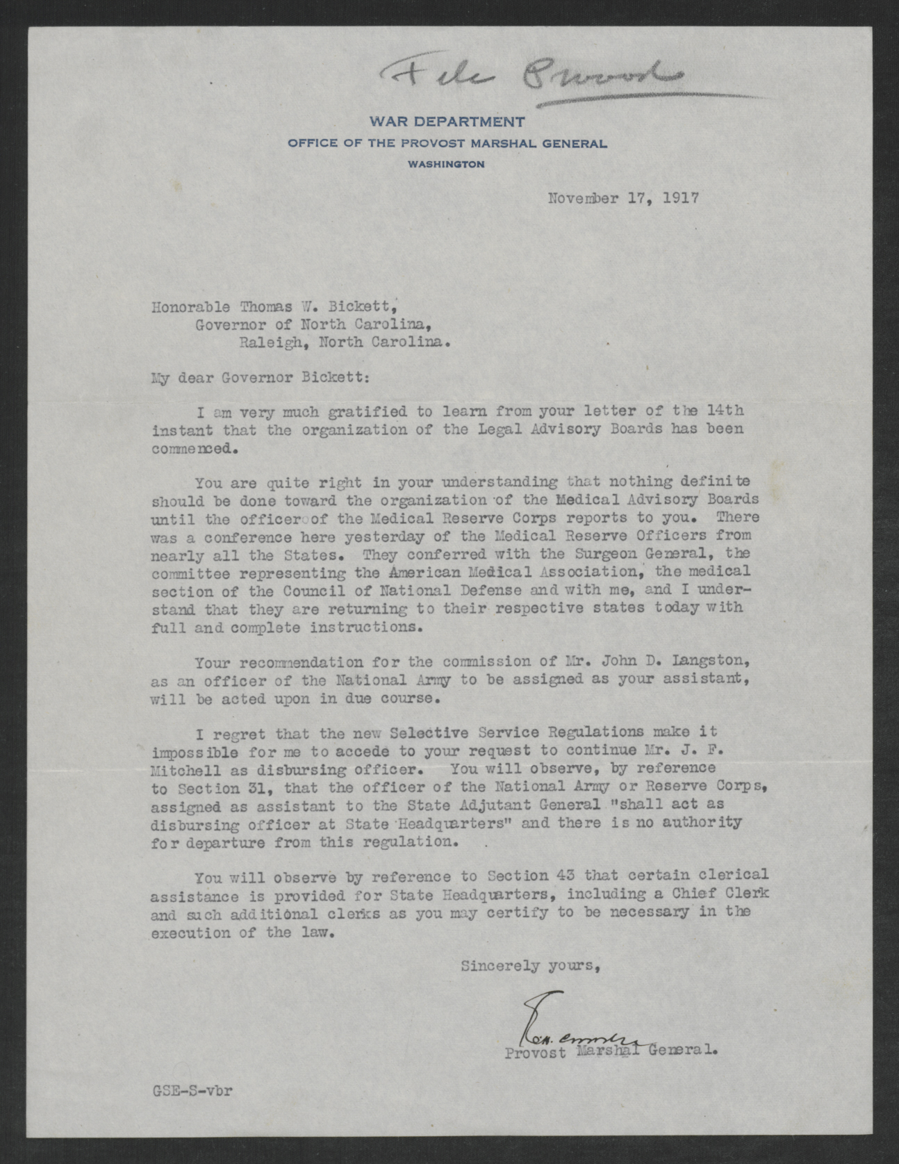 Letter from Enoch H. Crowder to Thomas W. Bickett, November 17, 1917