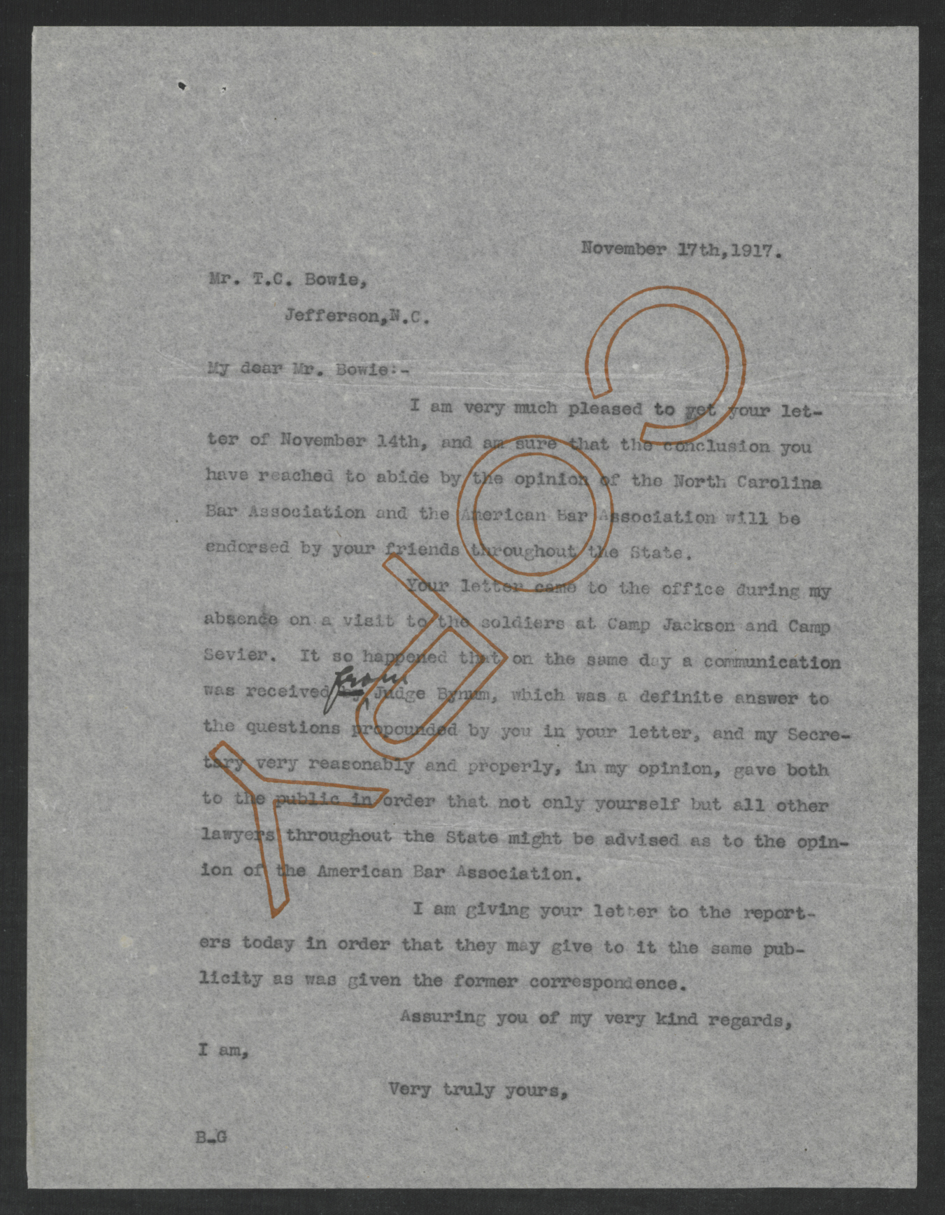 Letter from Thomas W. Bickett to Thomas C. Bowie, November 17, 1917