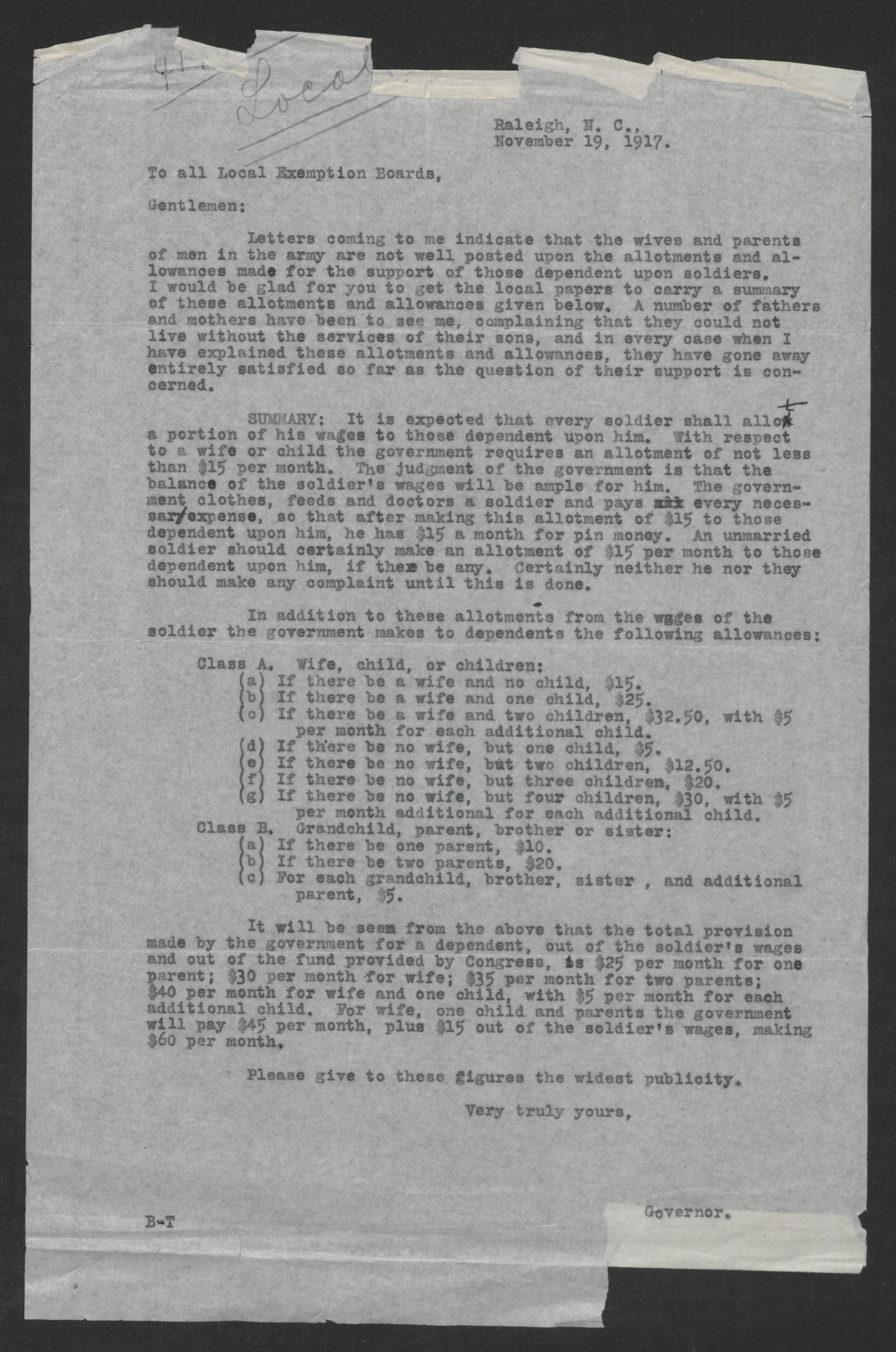 Letter from Thomas W. Bickett to All Local Exemption Boards, November 19, 1917