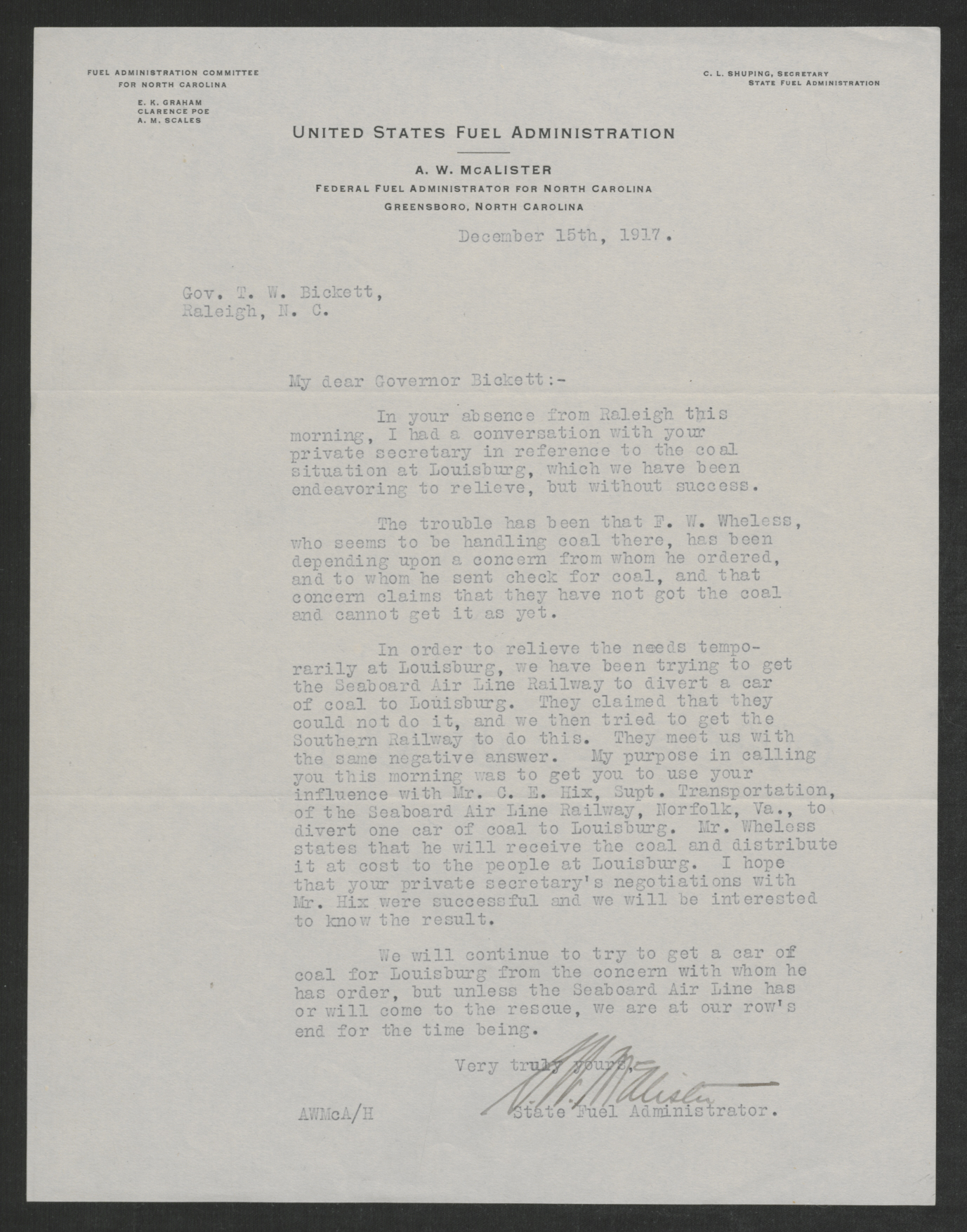 Letter from Alexander W. McAlister to Thomas W. Bickett, December 15, 1917