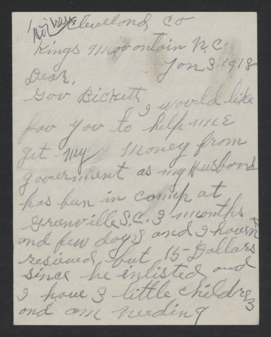 Letter from Cara E. R. Jonas to Thomas W. Bickett, January 3, 1918, page 1