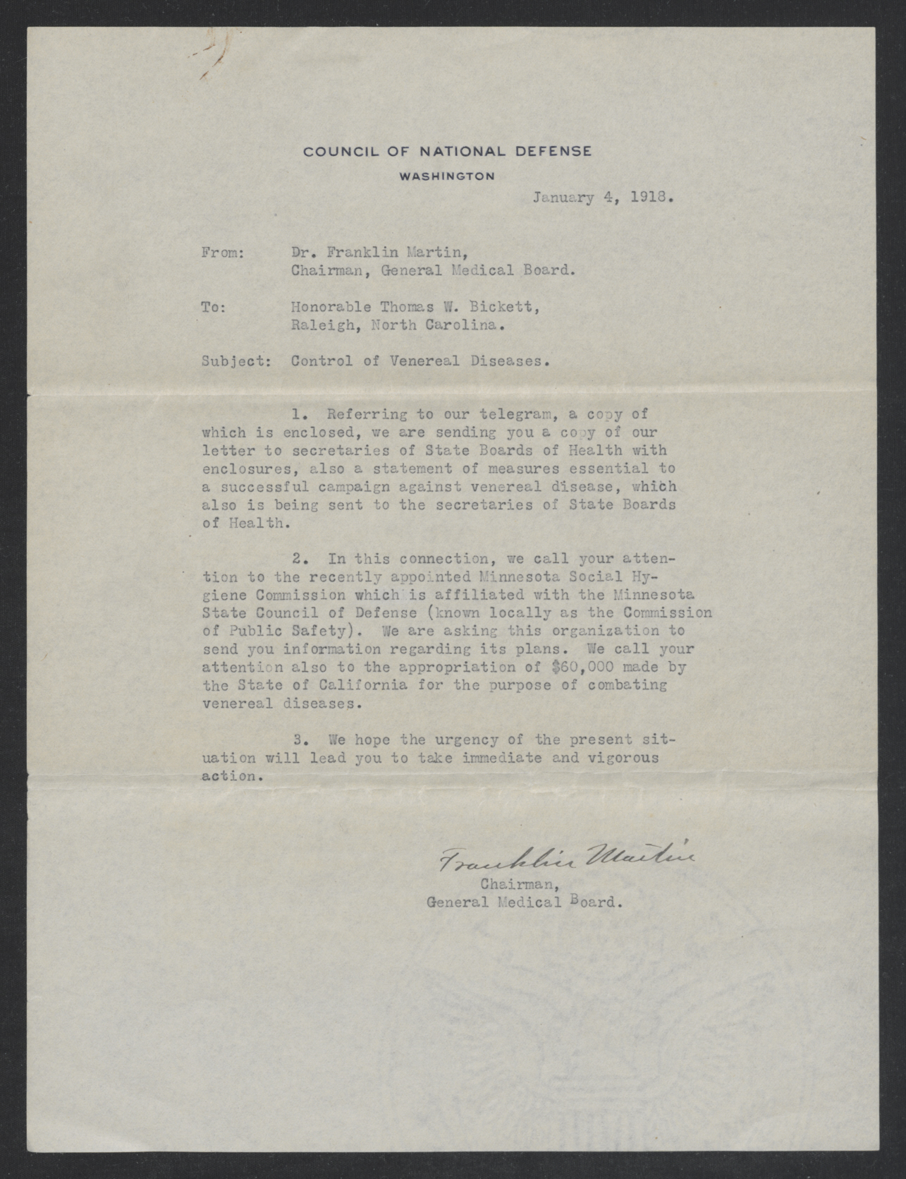 Letter from Franklin H. Martin to Thomas W. Bickett, January 4, 1918