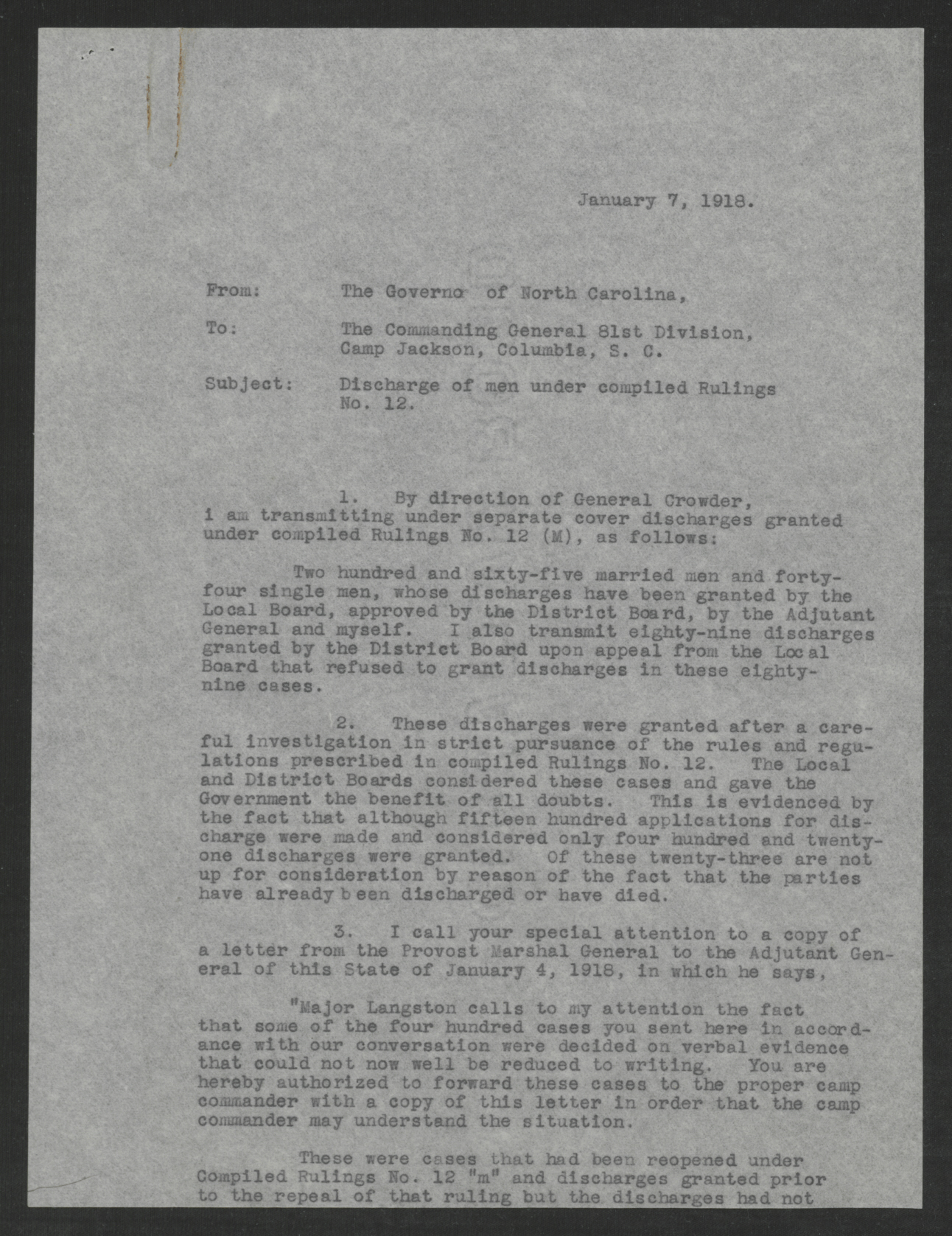 Letter from Thomas W. Bickett to the Commanding General of the 81st Division, January 7, 1918, page 1