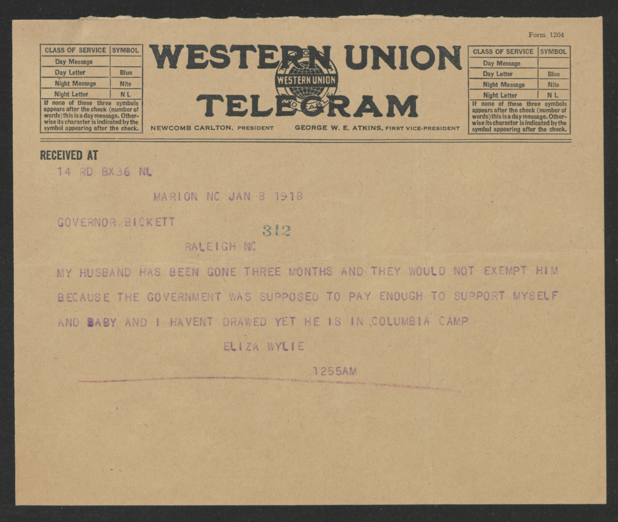 Telegram from Eliza C. Wylie to Thomas W. Bickett, January 8, 1918