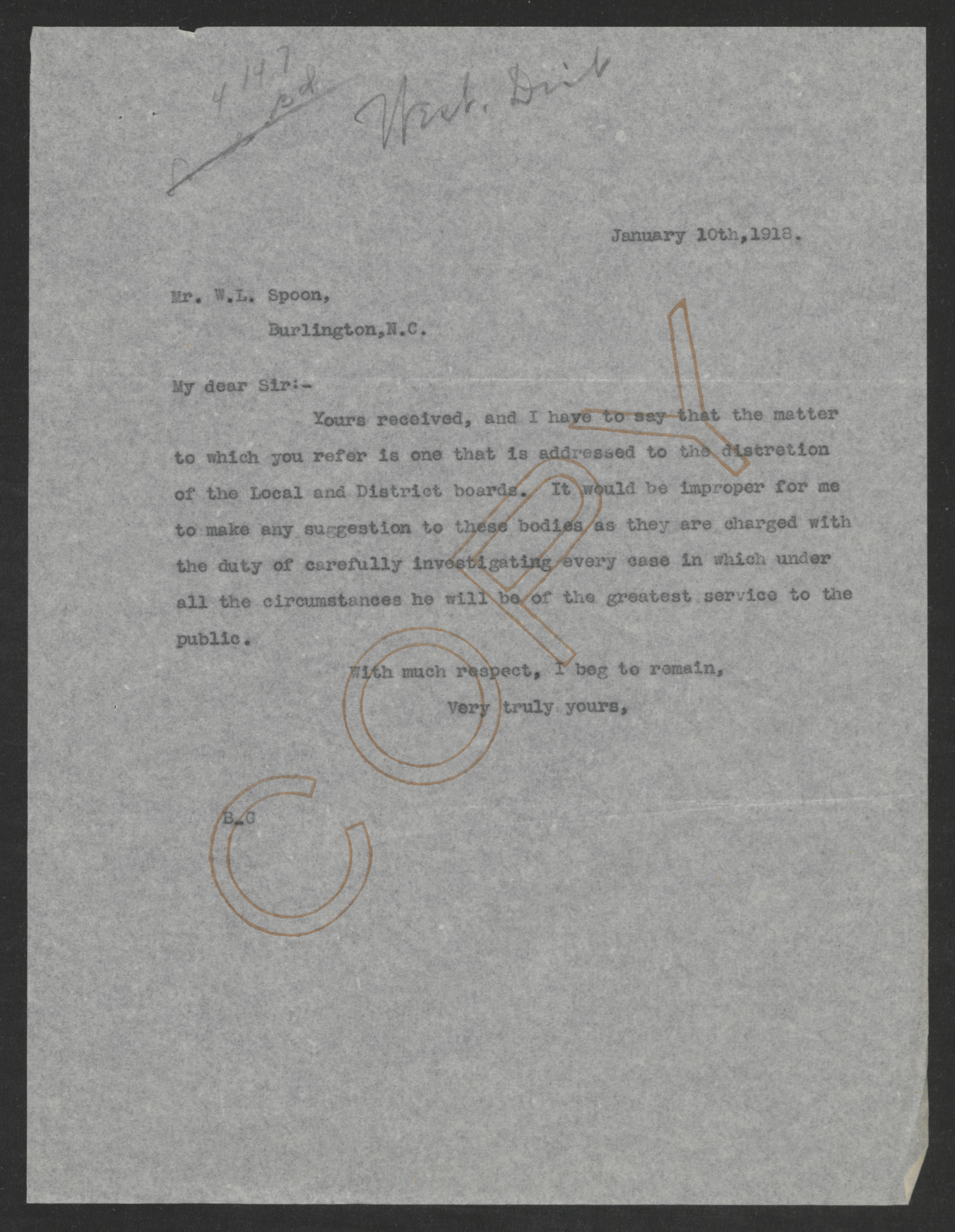 Letter from Thomas W. Bickett to William L. Spoon, January 10, 1918