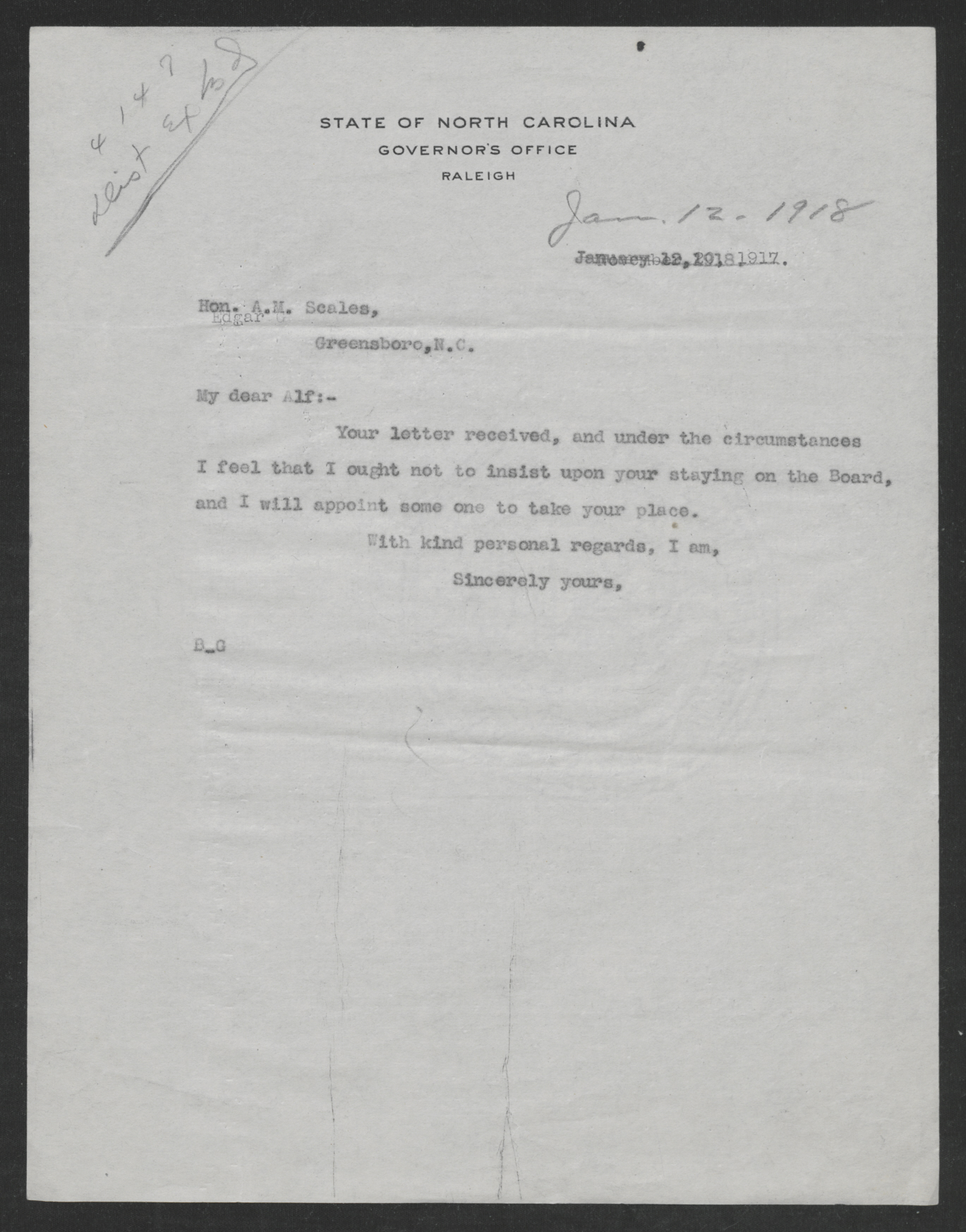 Letter from Thomas W. Bickett to Alfred M. Scales, January 12, 1918