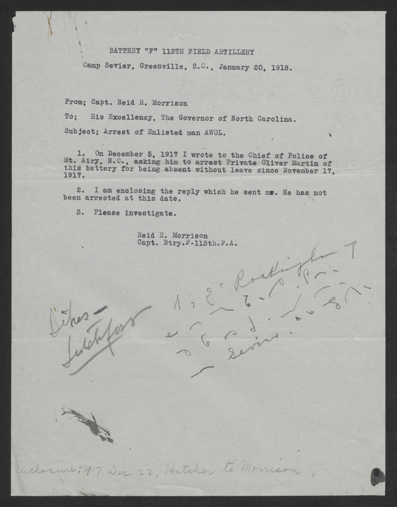 Letter from Reid R. Morrison to Thomas W. Bickett, January 20, 1918