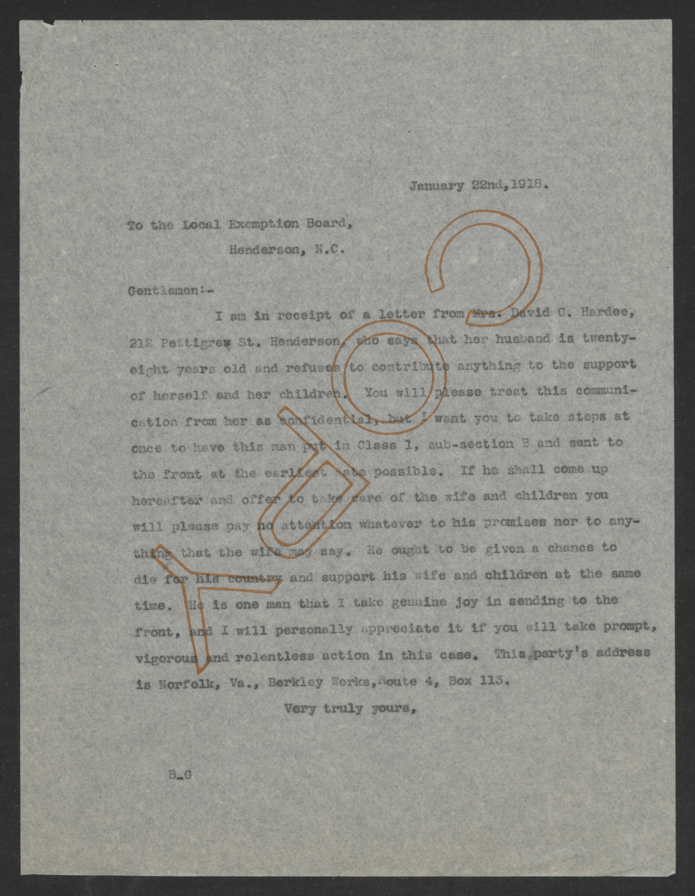 Letter from Thomas W. Bickett to the Local Exemption Board in Henderson, North Carolina, January 22, 1918