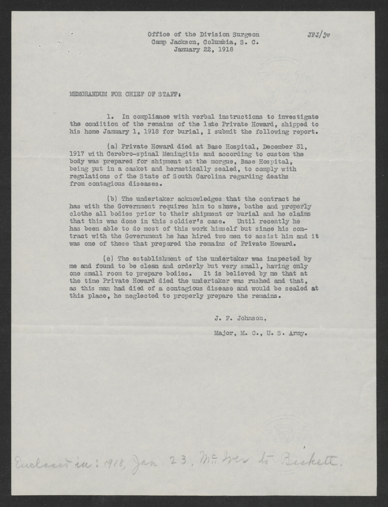 Memorandum for the Chief of Staff by J. F. Johnson, January 22, 1918