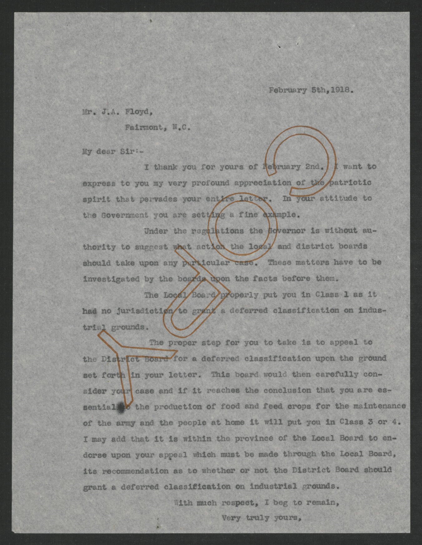 Letter from Unknown Author to Jurney A. Floyd, February 5, 1918