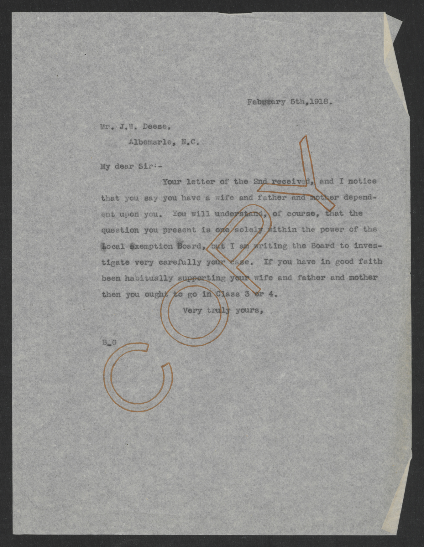 Letter from Thomas W. Bickett to James W. Deese, February 5, 1918