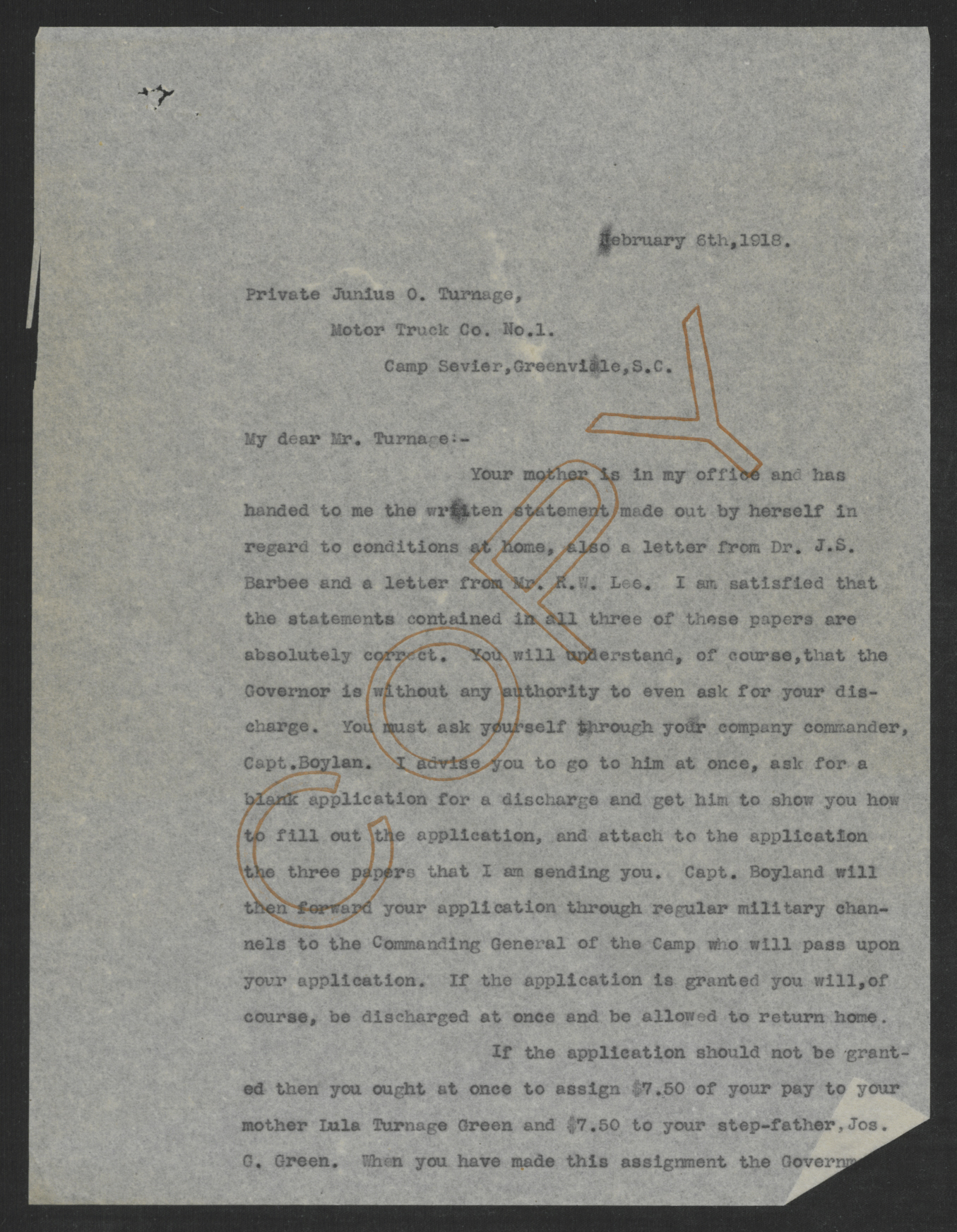 Letter from Thomas W. Bickett to Junius O. Turnage, February 6, 1918, page 1