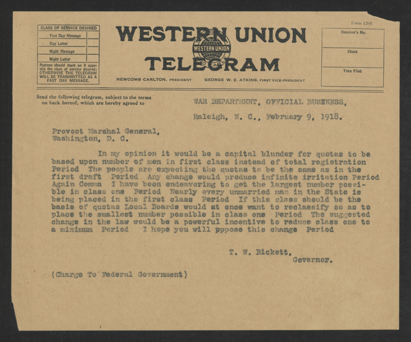 Telegram from Thomas W. Bickett to Enoch H. Crowder, February 9, 1918