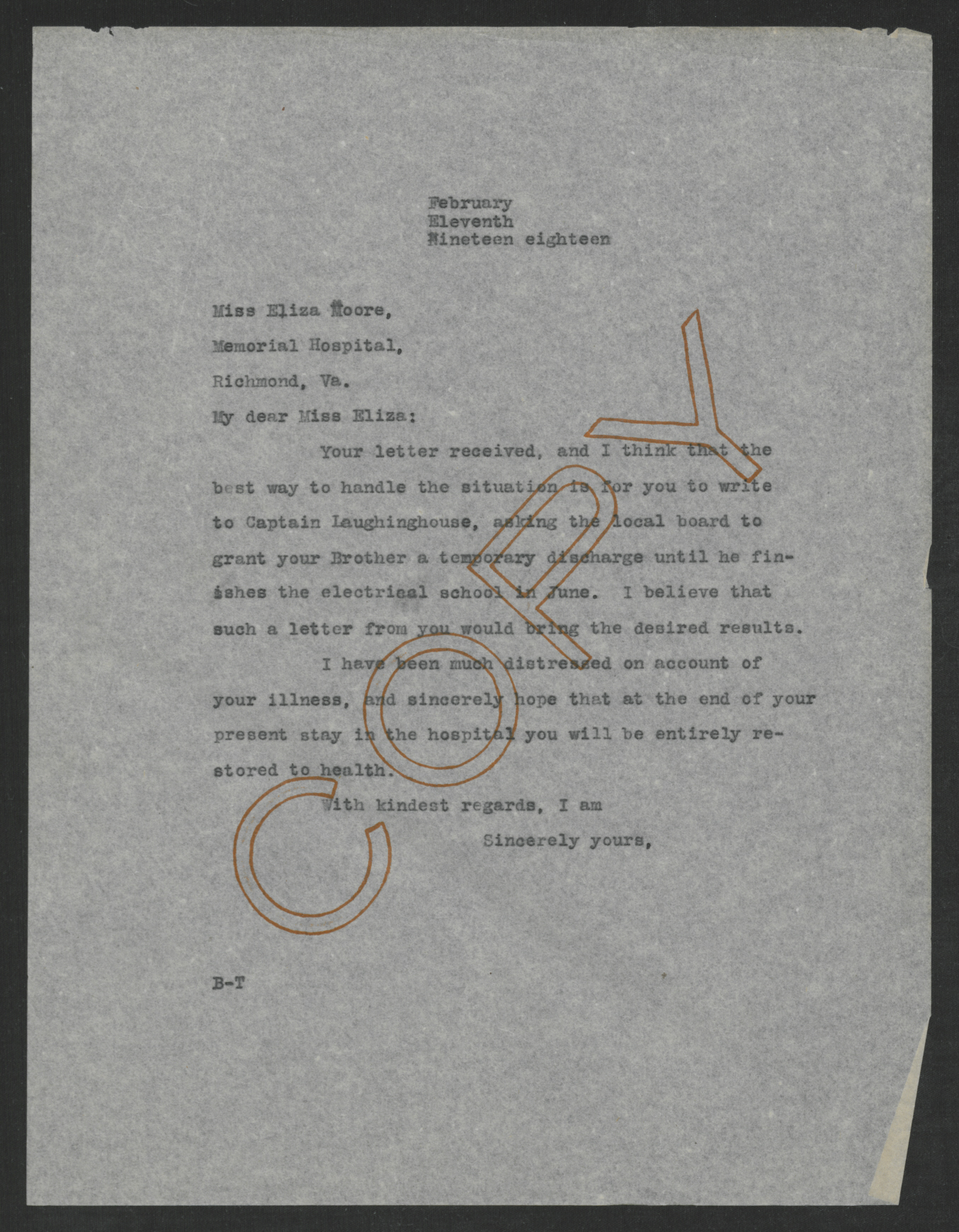 Letter from Thomas W. Bickett to Eliza Moore, February 11, 1918