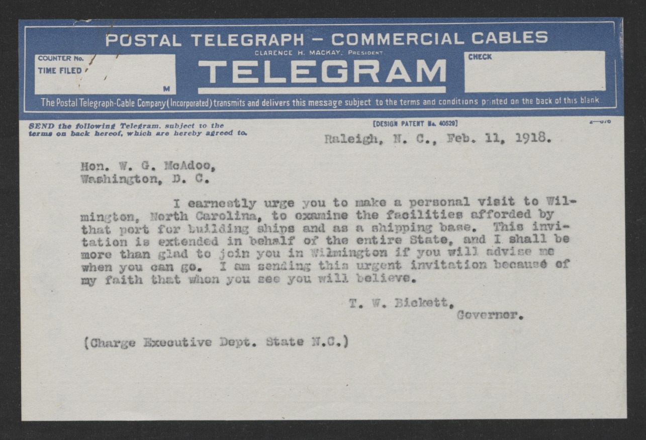 Telegram from Thomas W. Bickett to William G. McAdoo, February 11, 1918