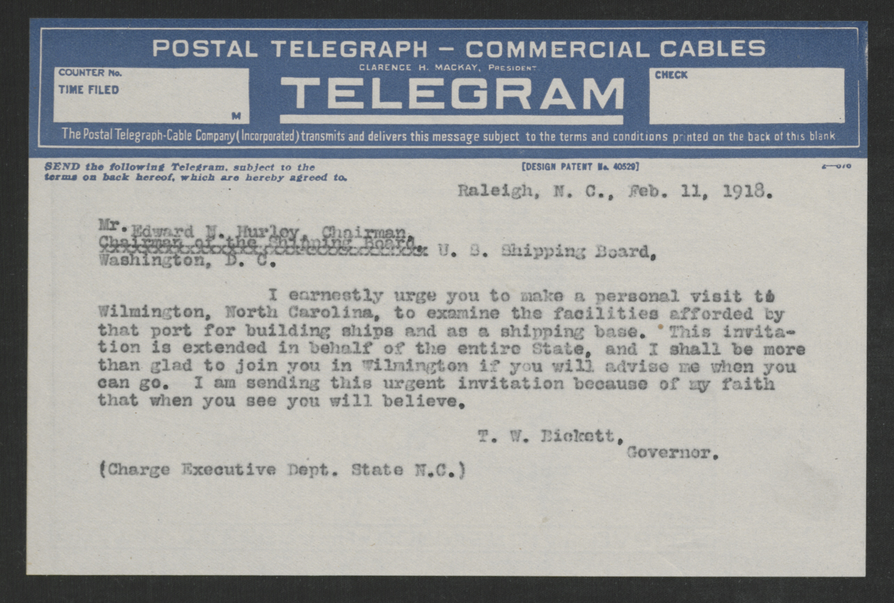 Telegram from Thomas W. Bickett to Edward N. Hurley, February 11, 1918