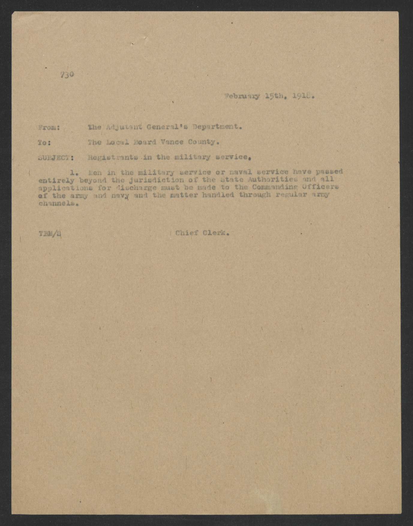 Letter from the Chief Clerk of the Adjutant General's Department to the Vance County Exemption Board, February 15, 1918