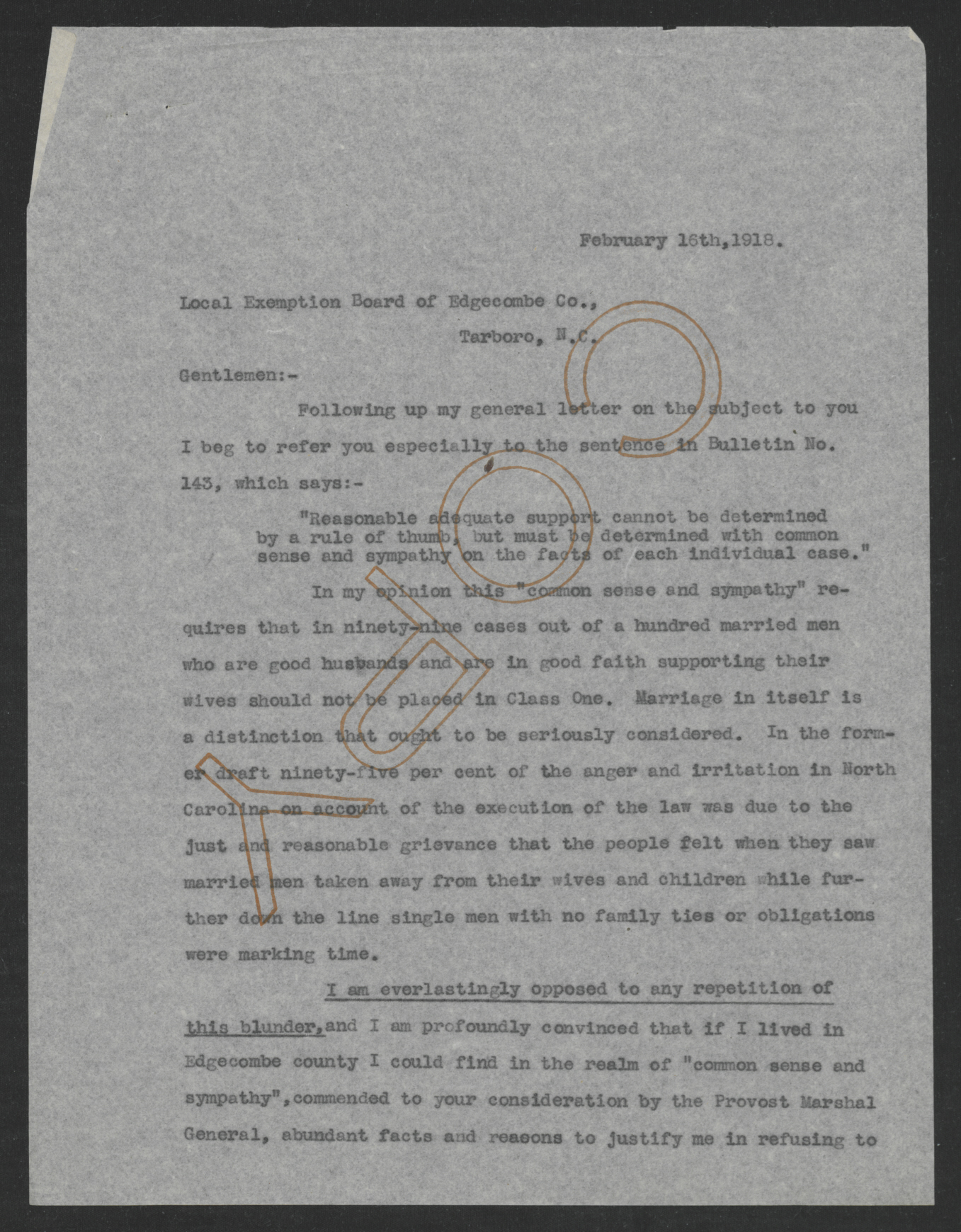 Letter from Thomas W. Bickett to the Edgecombe County Exemption Board, February 16, 1918, page 1