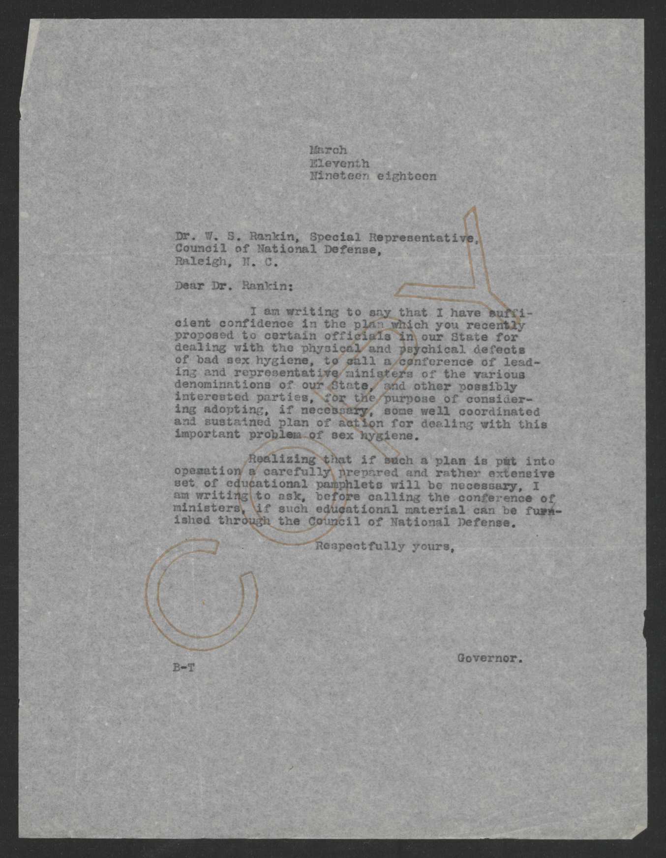 Letter from Thomas W. Bickett to Watson S. Rankin, March 11, 1918