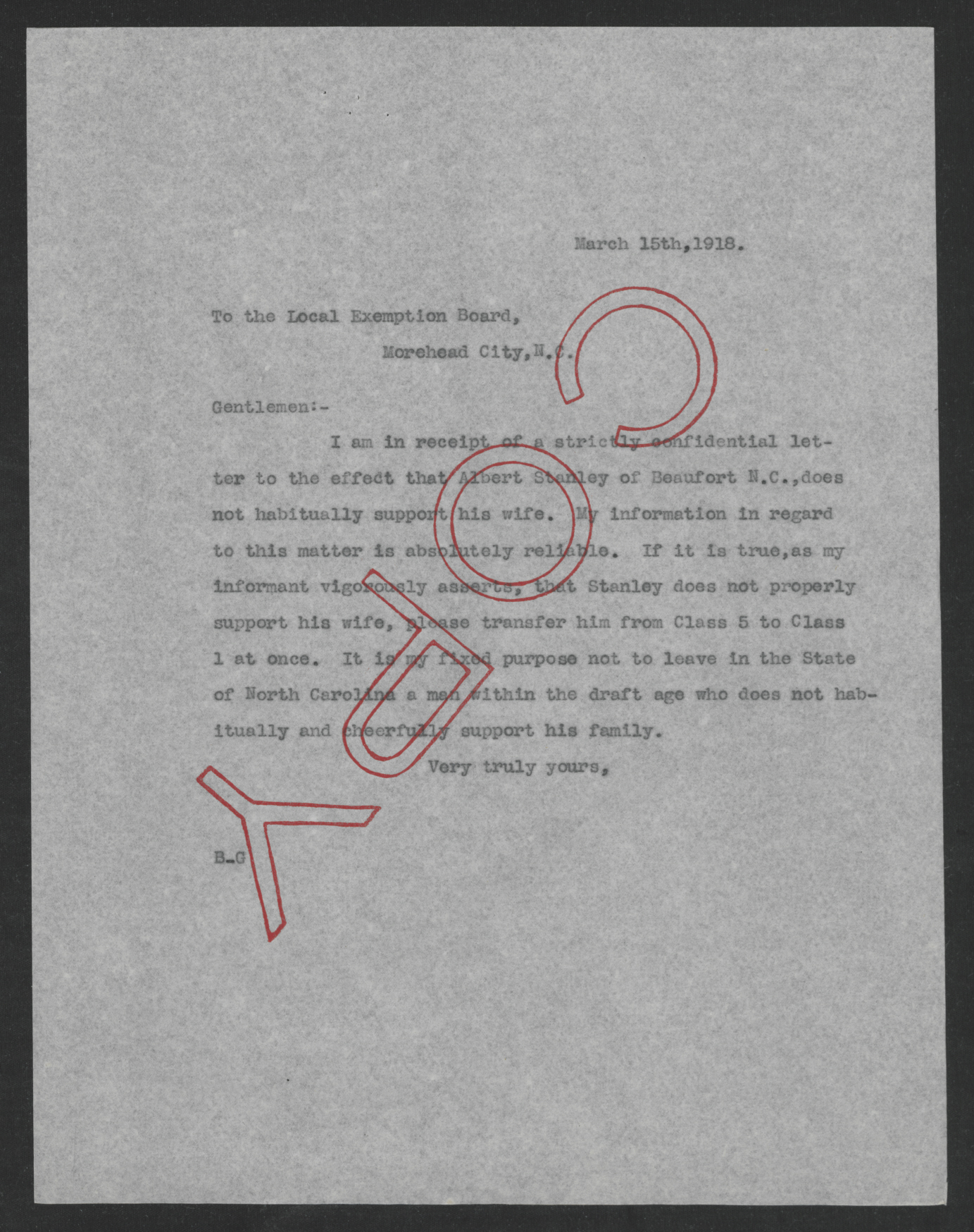 Letter from Thomas W. Bickett to the Carteret County Exemption Board, March 15, 1918