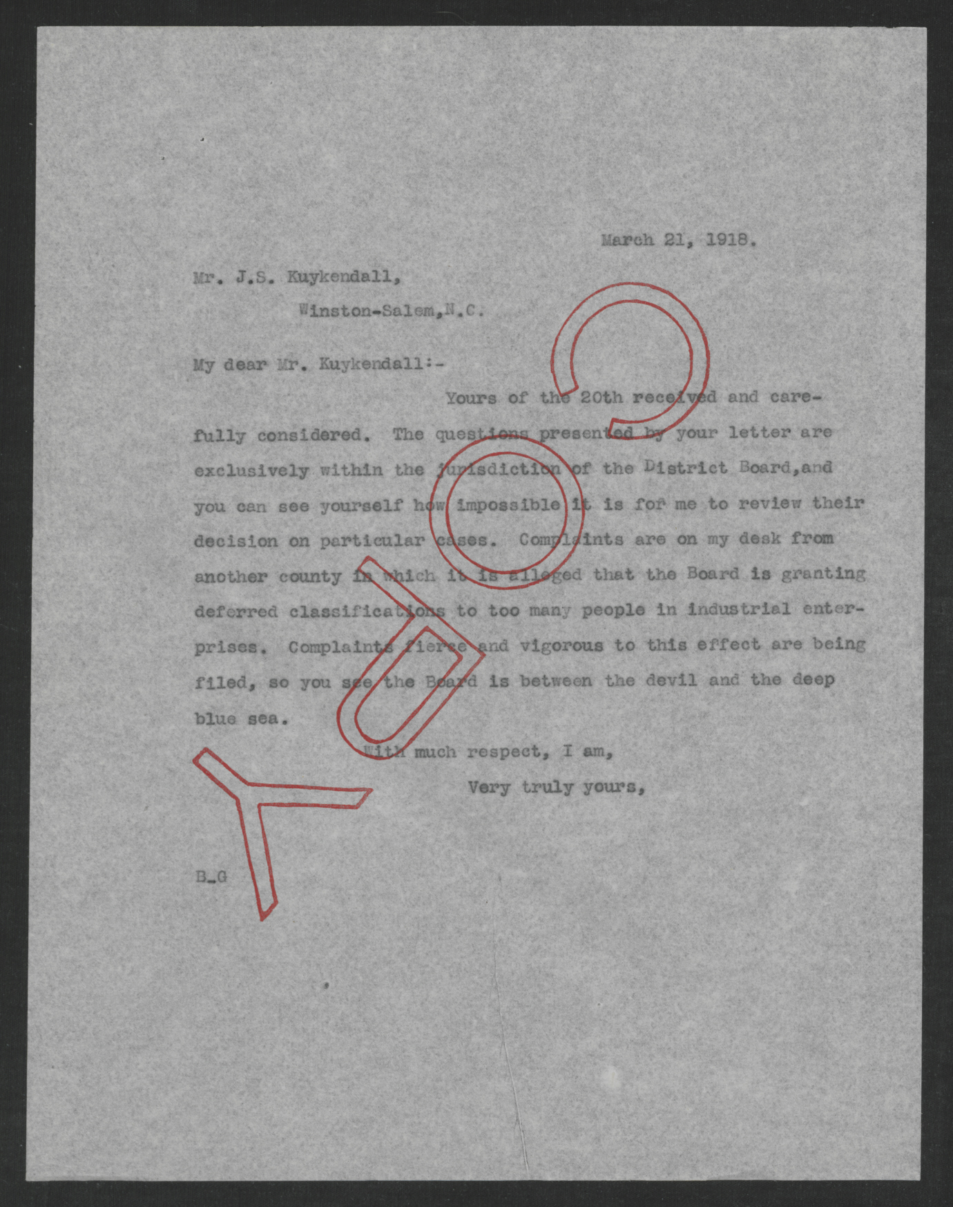 Letter from Thomas W. Bickett to James S. Kuykendall, March 21, 1918