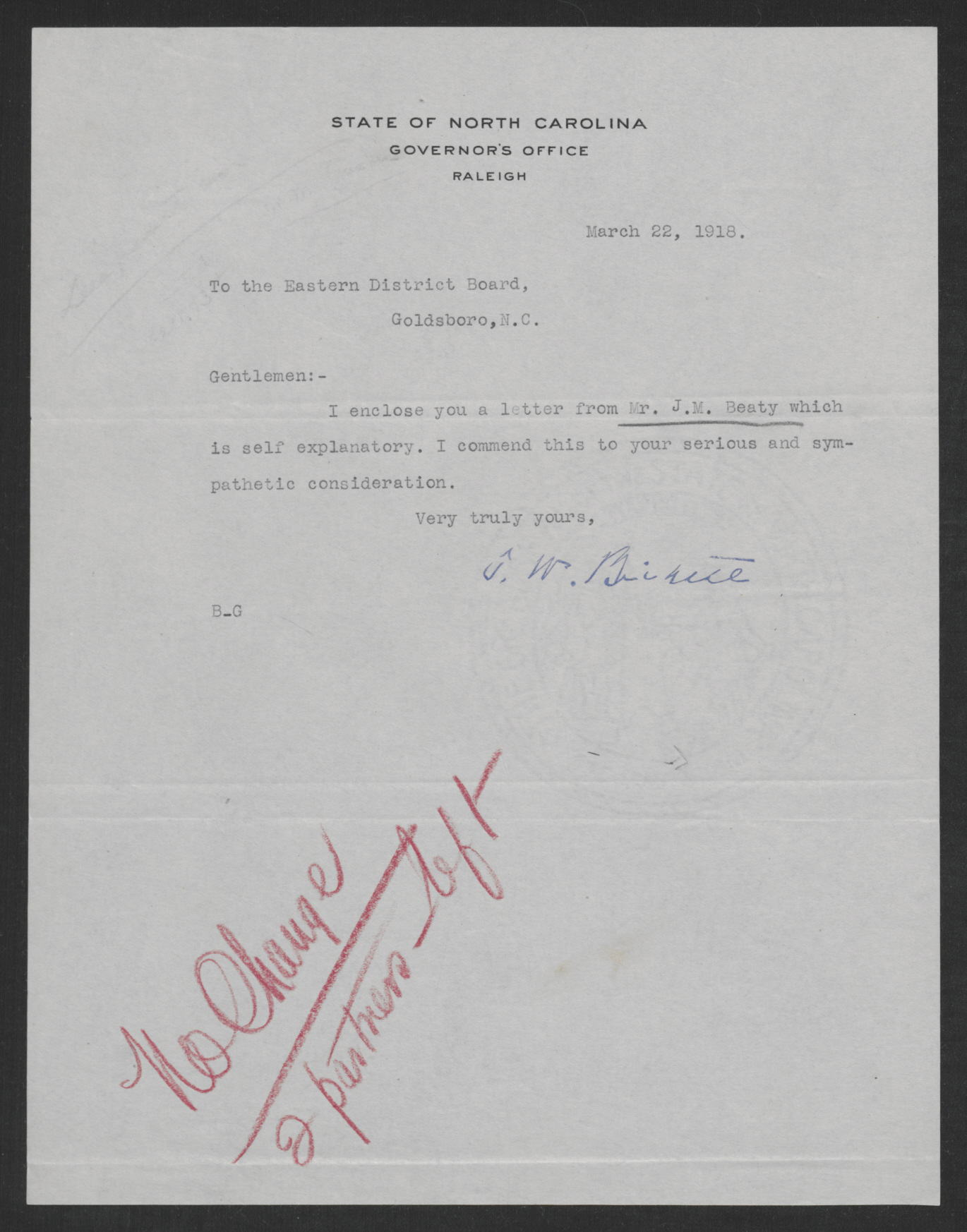 Letter from Thomas W. Bickett to the Eastern District Exemption Board, March 22, 1918