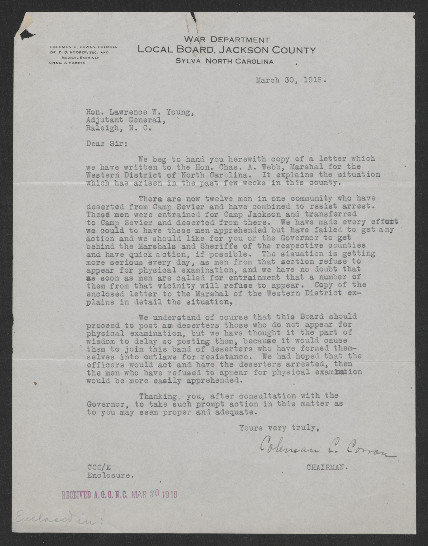 Letter from Coleman C. Cowan to Laurence W. Young, March 30, 1918