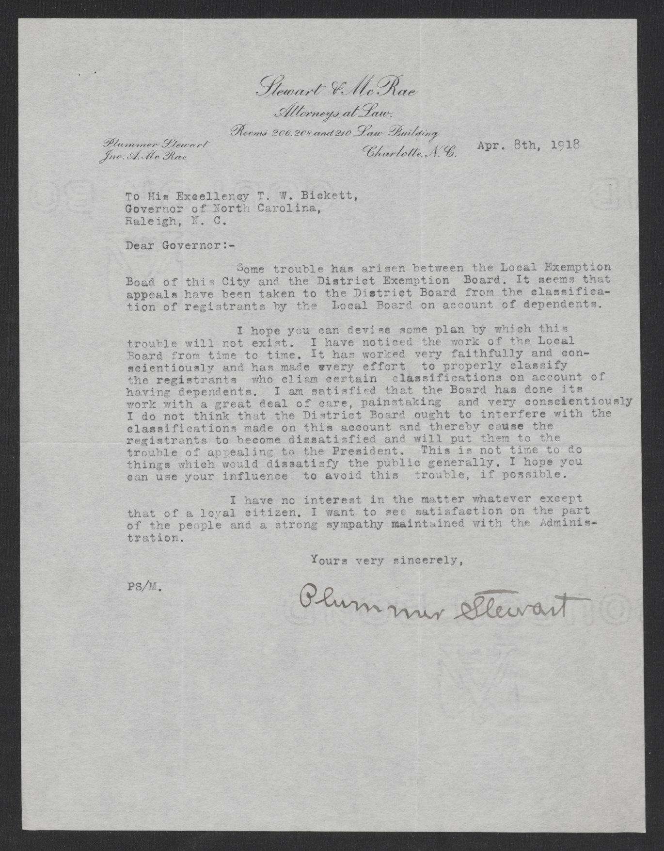 Letter from Plummer Stewart to Thomas W. Bickett, April 8, 1918