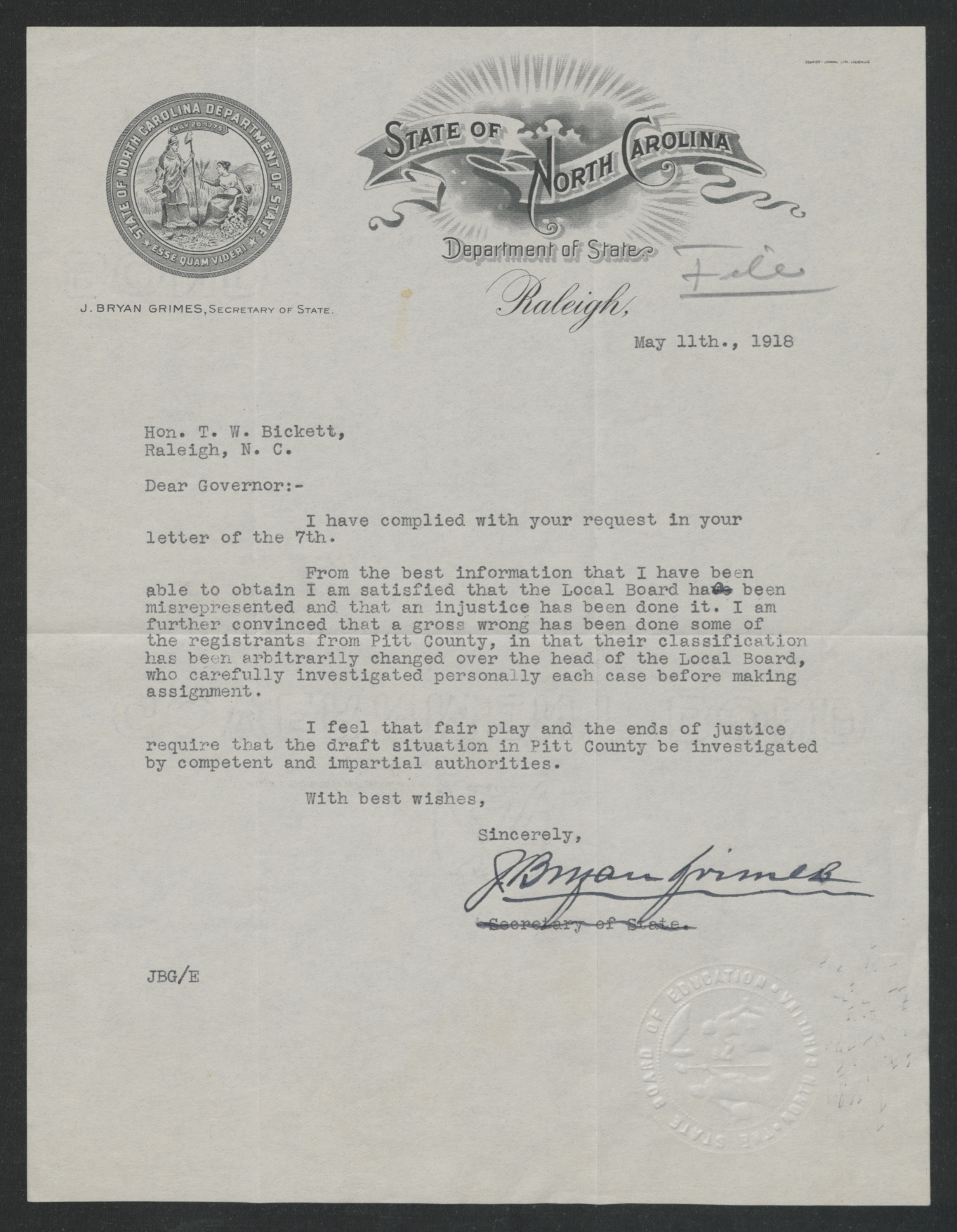 Letter from J. Bryan Grimes to Thomas W. Bickett, May 11, 1918